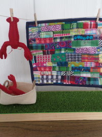 Miniature Downeast Maine Clothesline with Embroidered Patchwork Crazy Quilt and Red Lobsters 