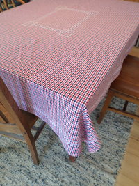 Hand Embroidered Gingham Tablecloth, Cross Stitch Chicken Scratch