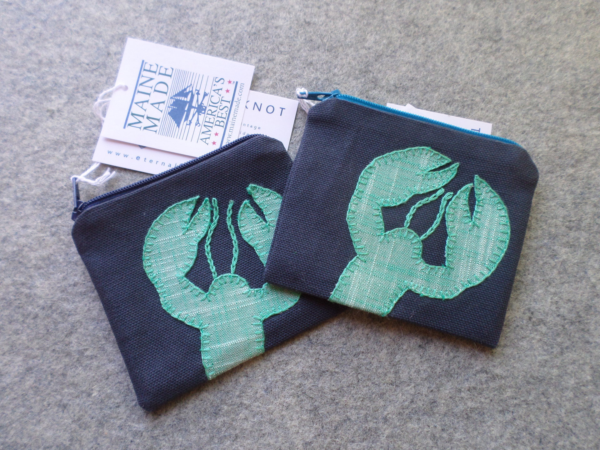 Green Lobster or Whale Zipper Bag, Hand Embroidered