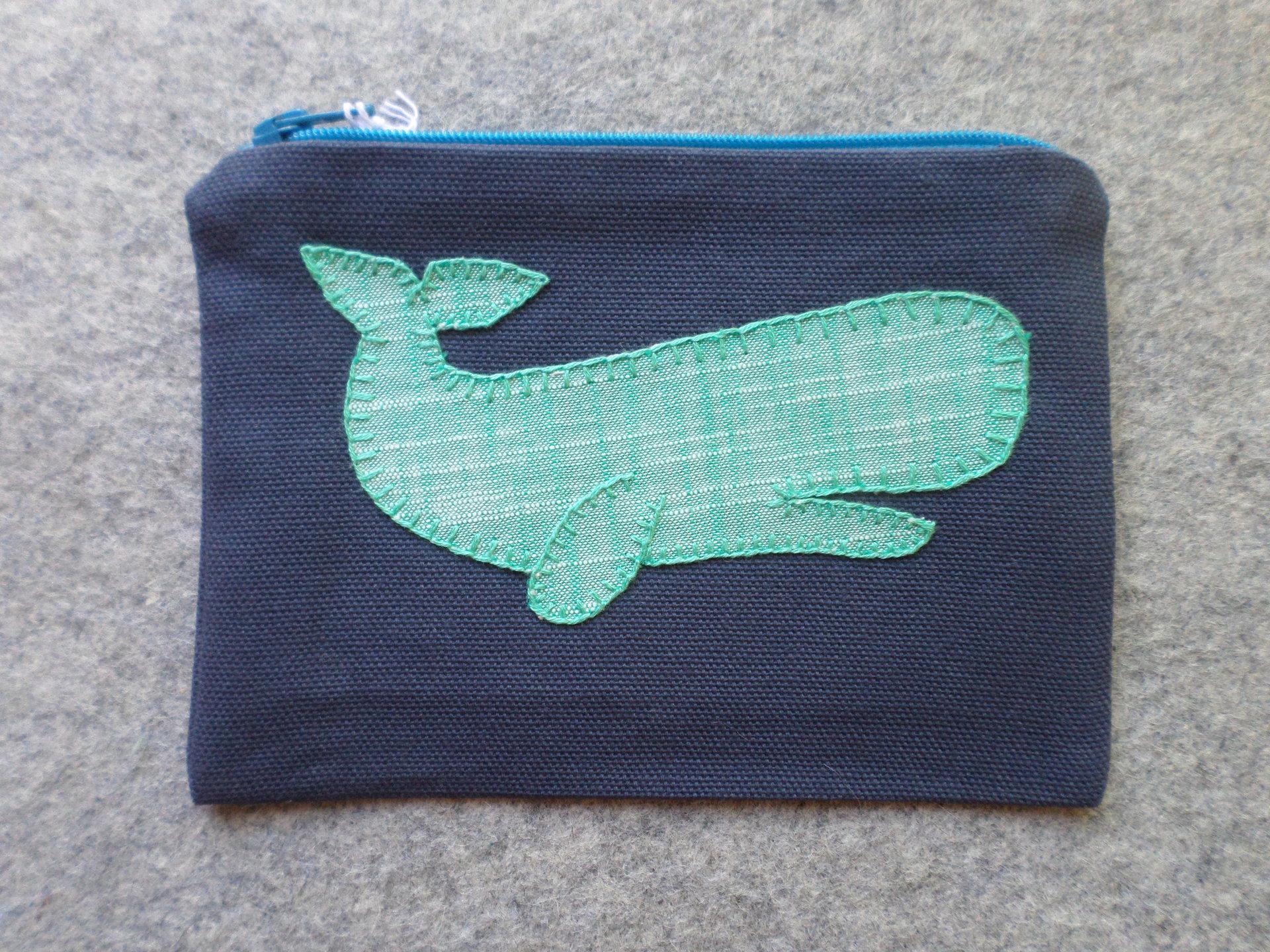 Green Lobster or Whale Zipper Bag, Hand Embroidered