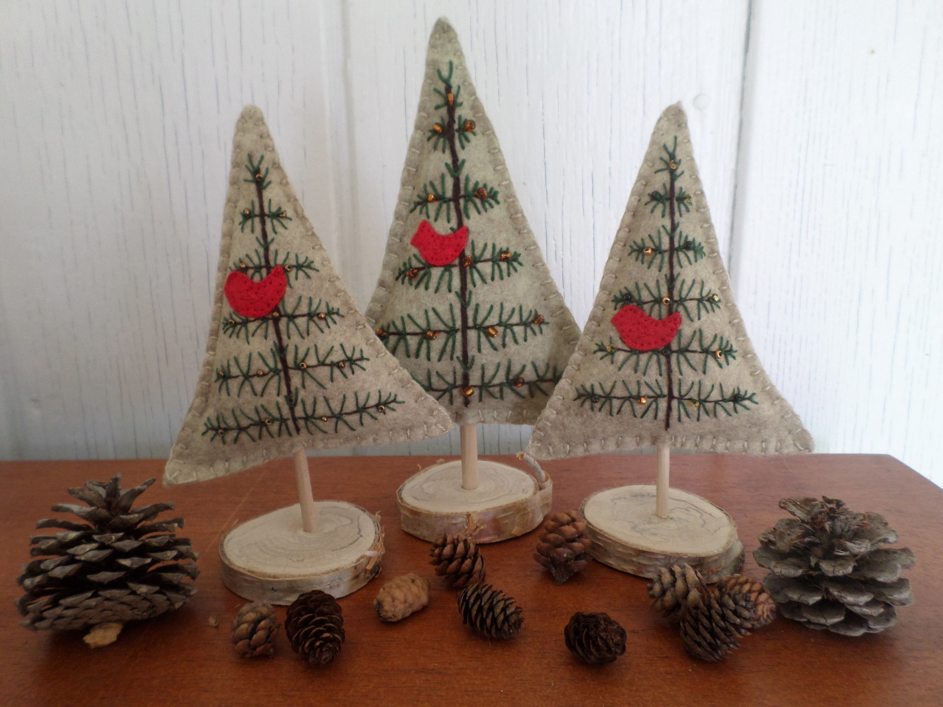 Maine Balsam Fir Hand Embroidered Felt Tabletop Tree Sculpture with Glass Beads 