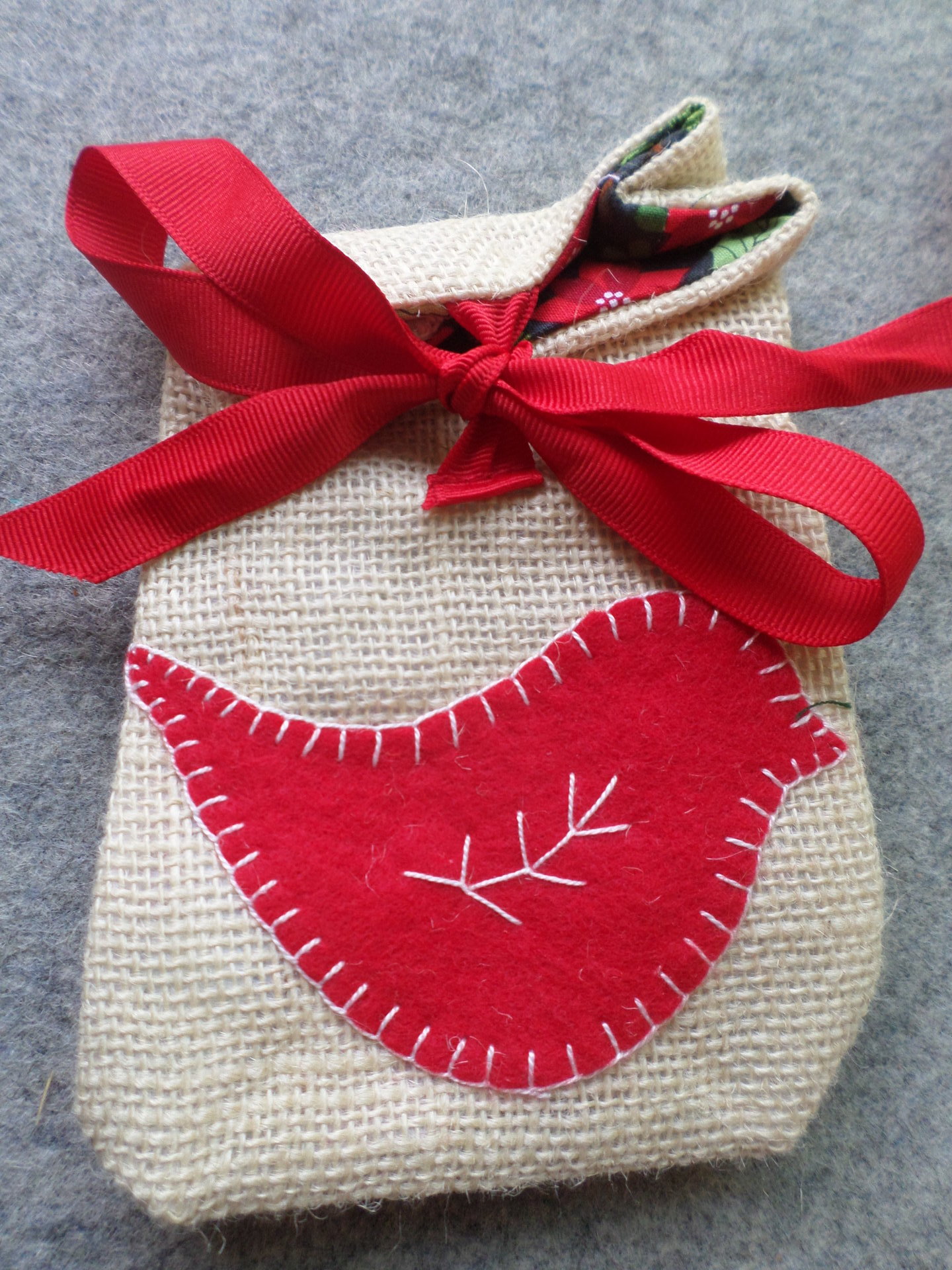 Red Bird Re-useable Holiday Gift Bag, Hand Embroidered