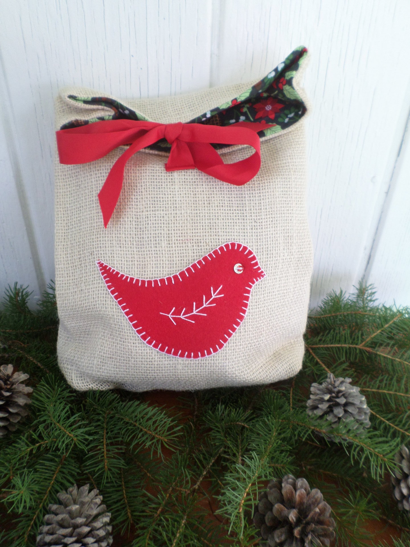 Red Bird Re-useable Holiday Gift Bag, Hand Embroidered