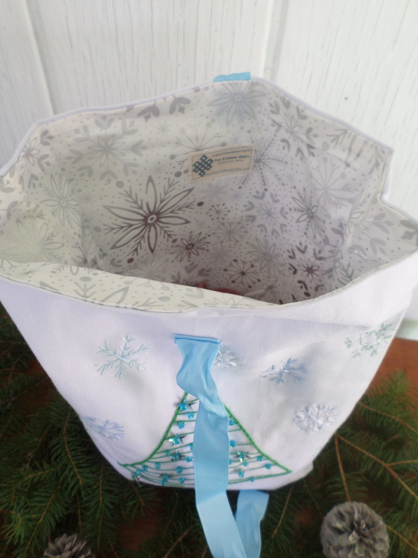 Re-useable Holiday Gift Bag, Hand Embroidered