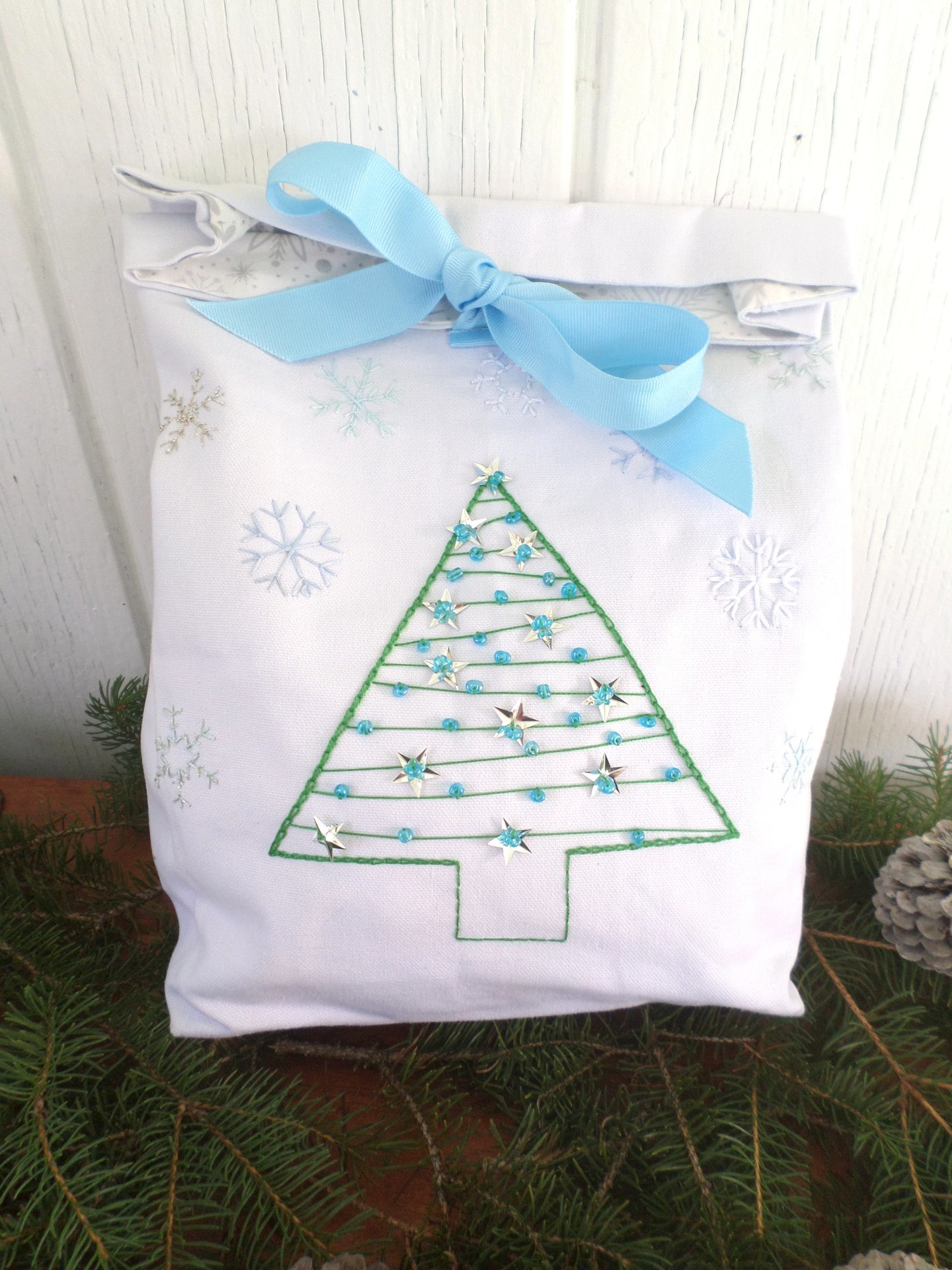 Re-useable Holiday Gift Bag, Hand Embroidered