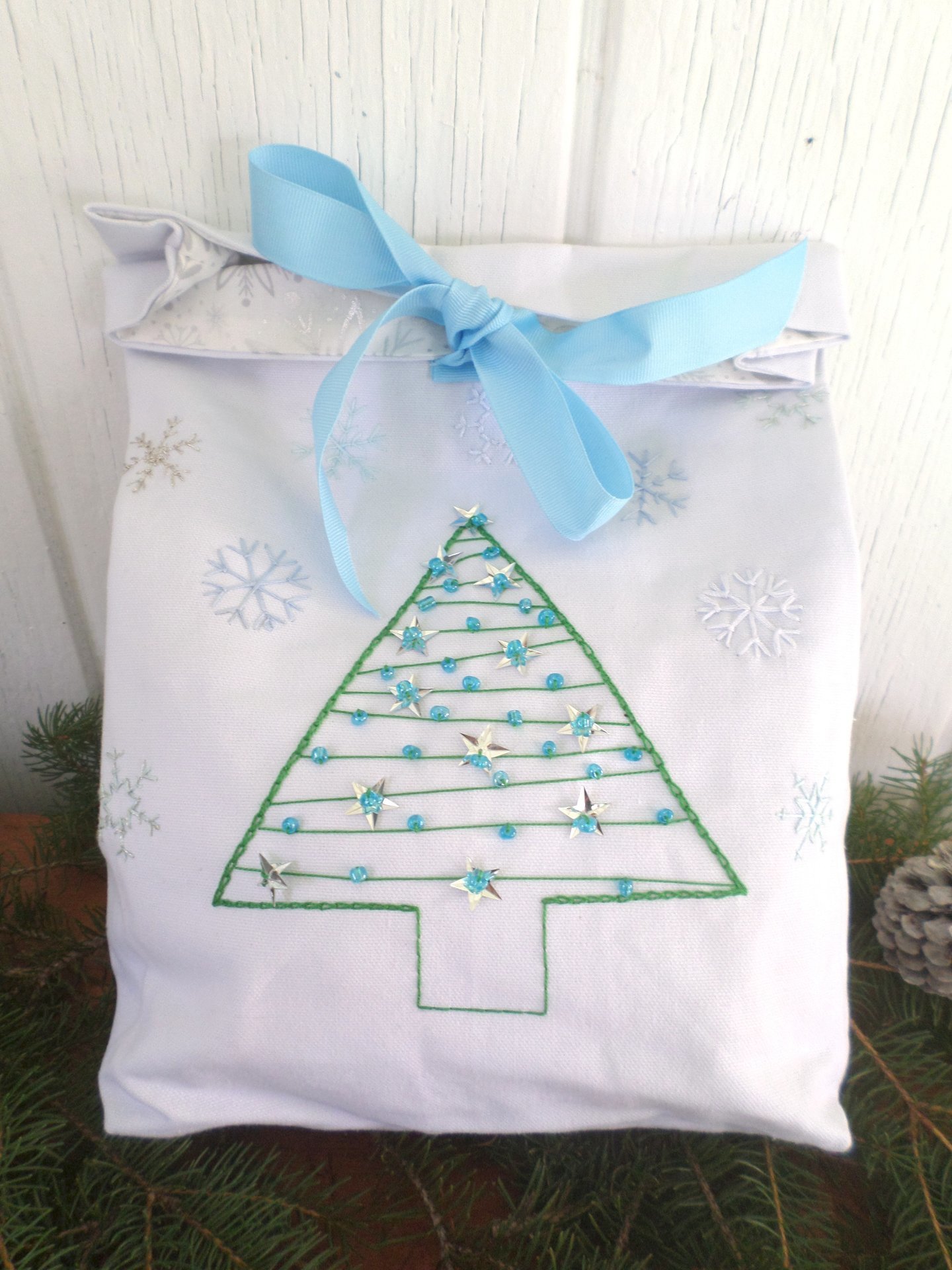Re-useable Holiday Gift Bag, Hand Embroidered