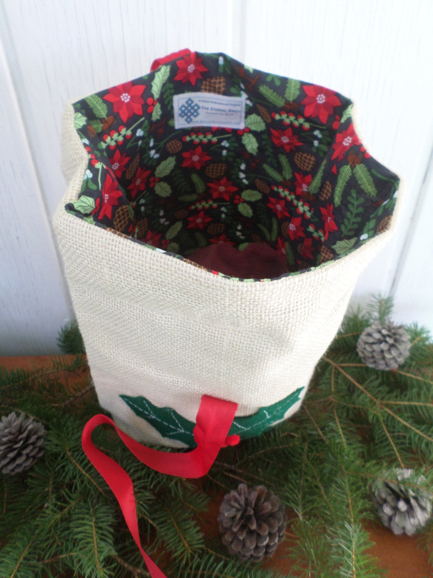 Holly Re-useable Holiday Gift Bag, Hand Embroidered