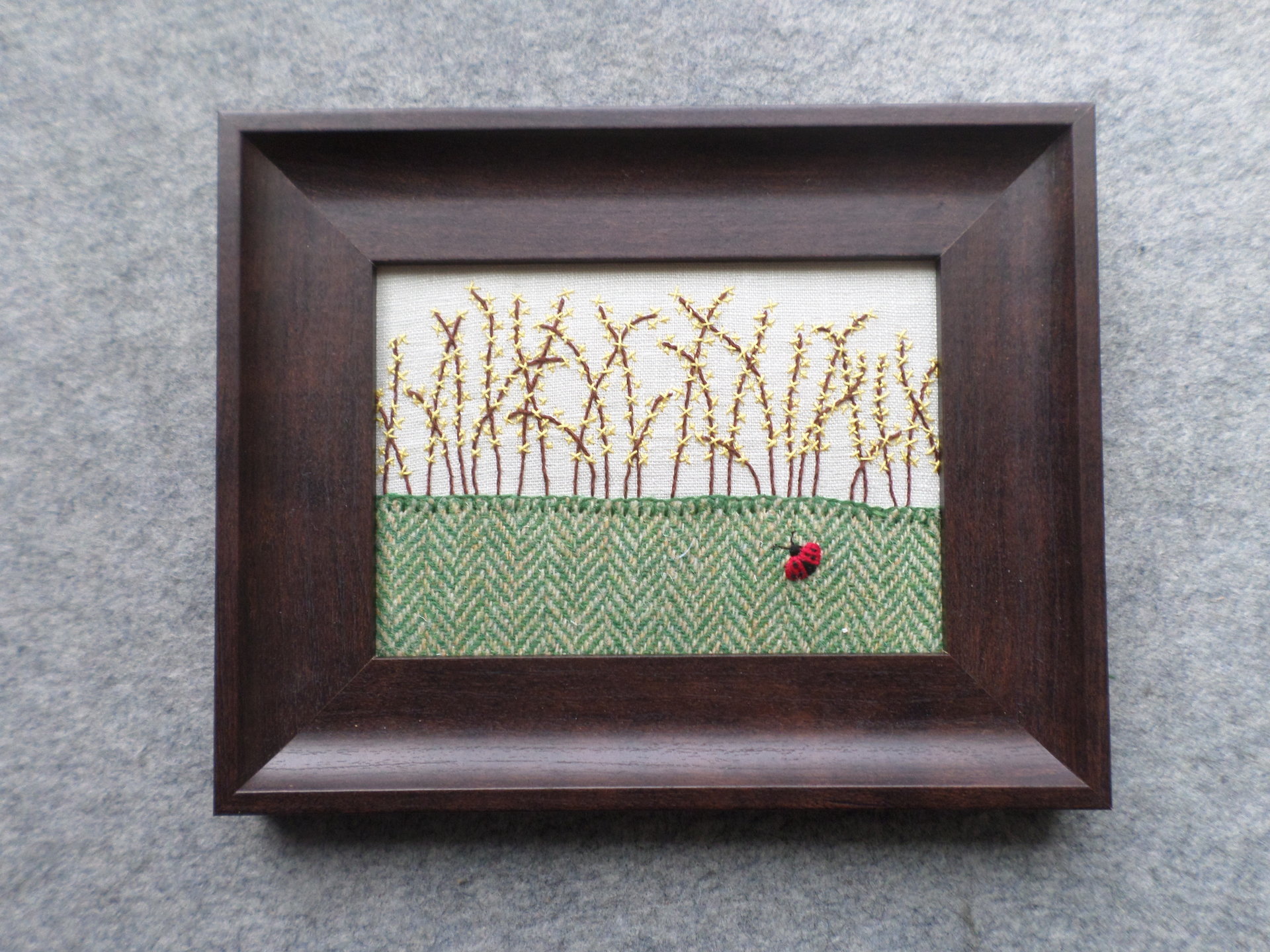 Forsythia Downeast Spring, Hand-Embroidered Crewel Wall Art