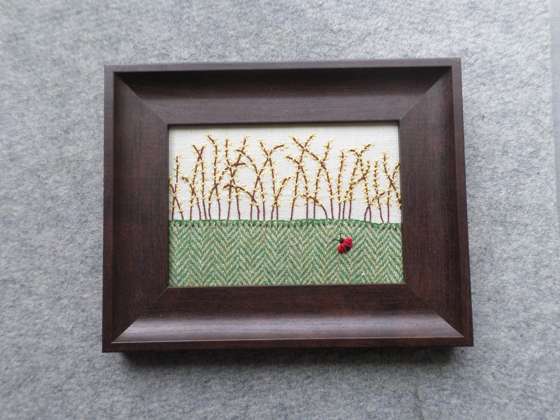 Forsythia Downeast Spring, Hand-Embroidered Crewel Wall Art