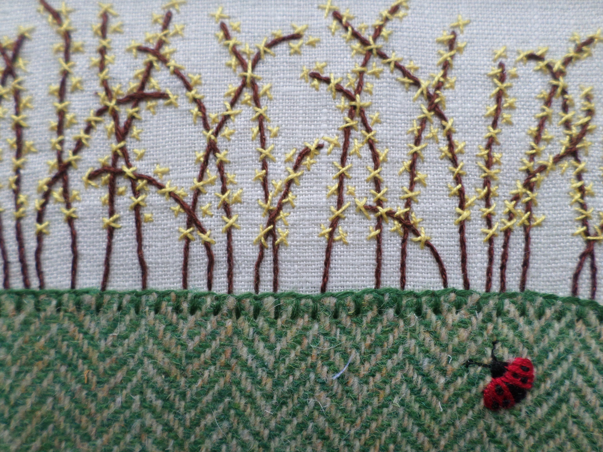 Forsythia Downeast Spring, Hand-Embroidered Crewel Wall Art