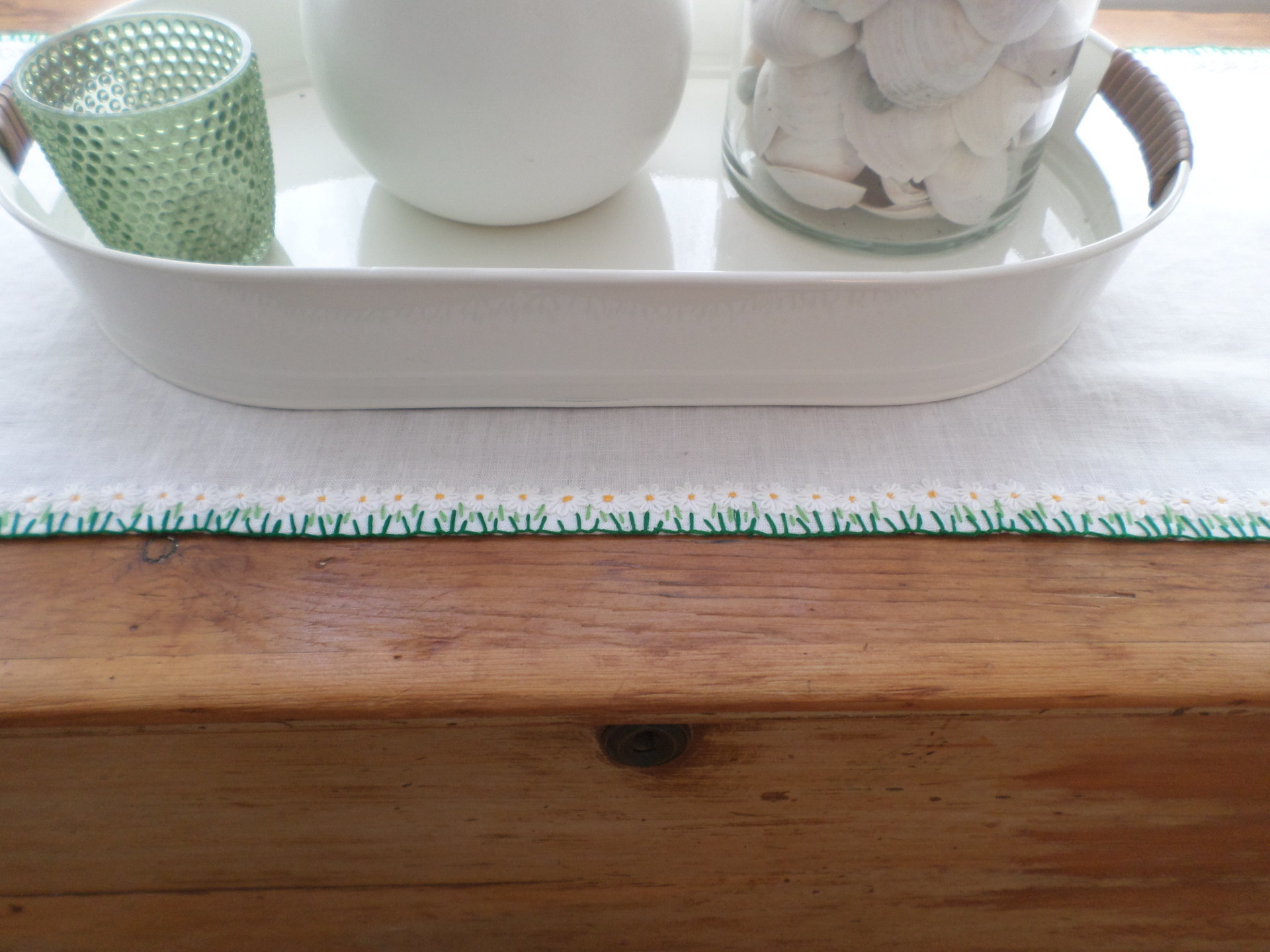 Hand Embroidered Linen Table Runner, Daisies