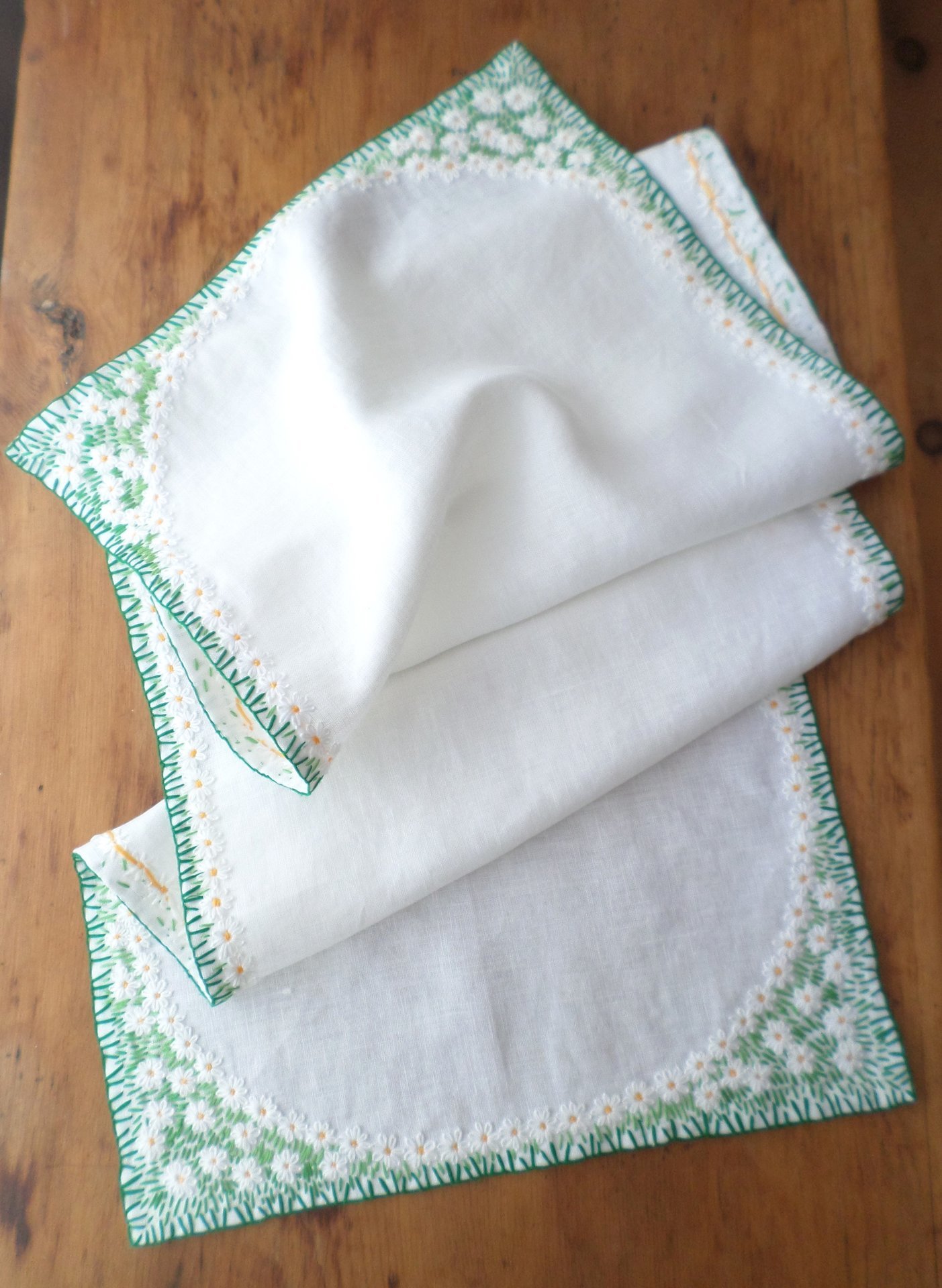 Hand Embroidered Linen Table Runner, Daisies