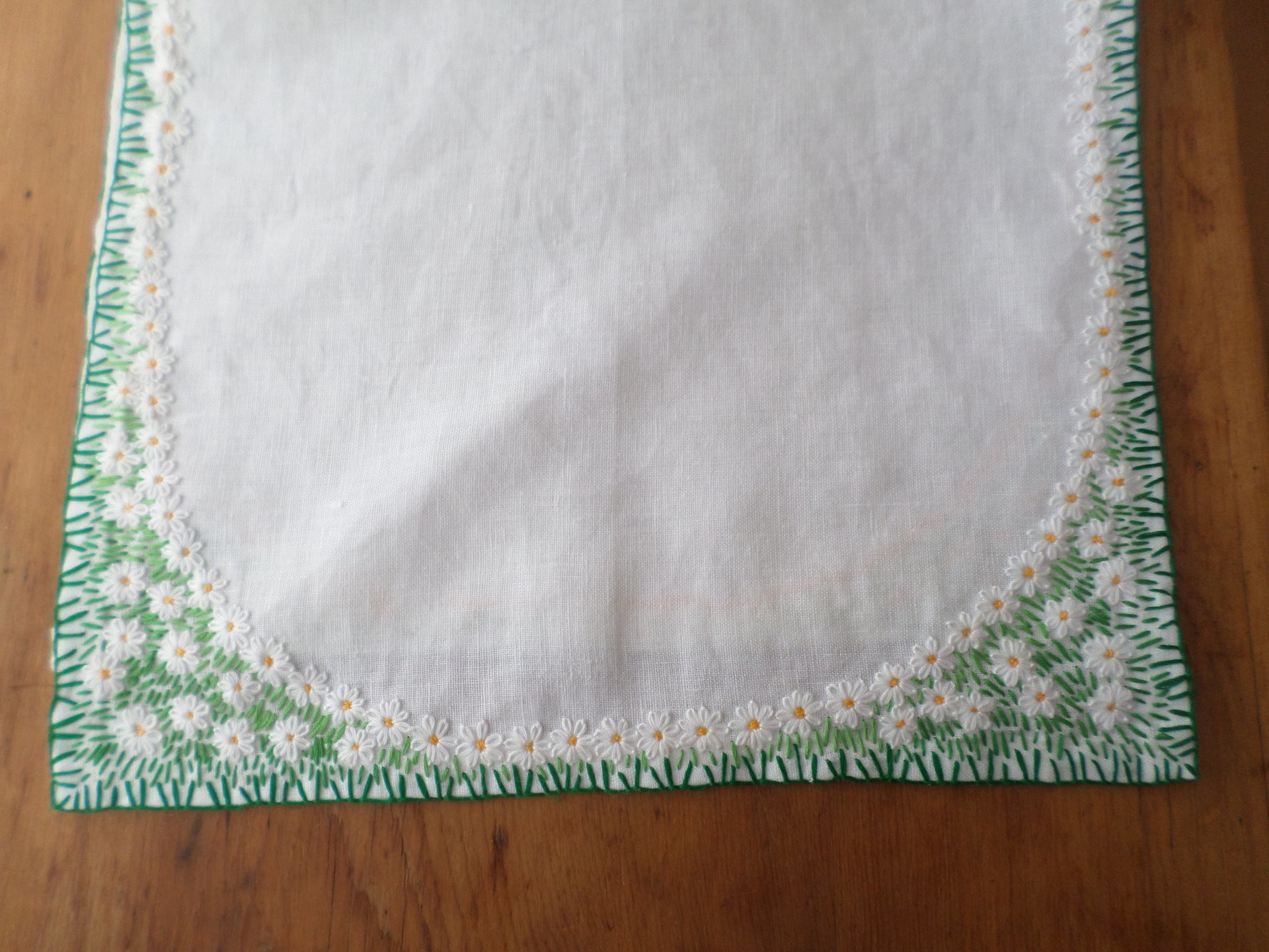 Hand Embroidered Linen Table Runner, Daisies