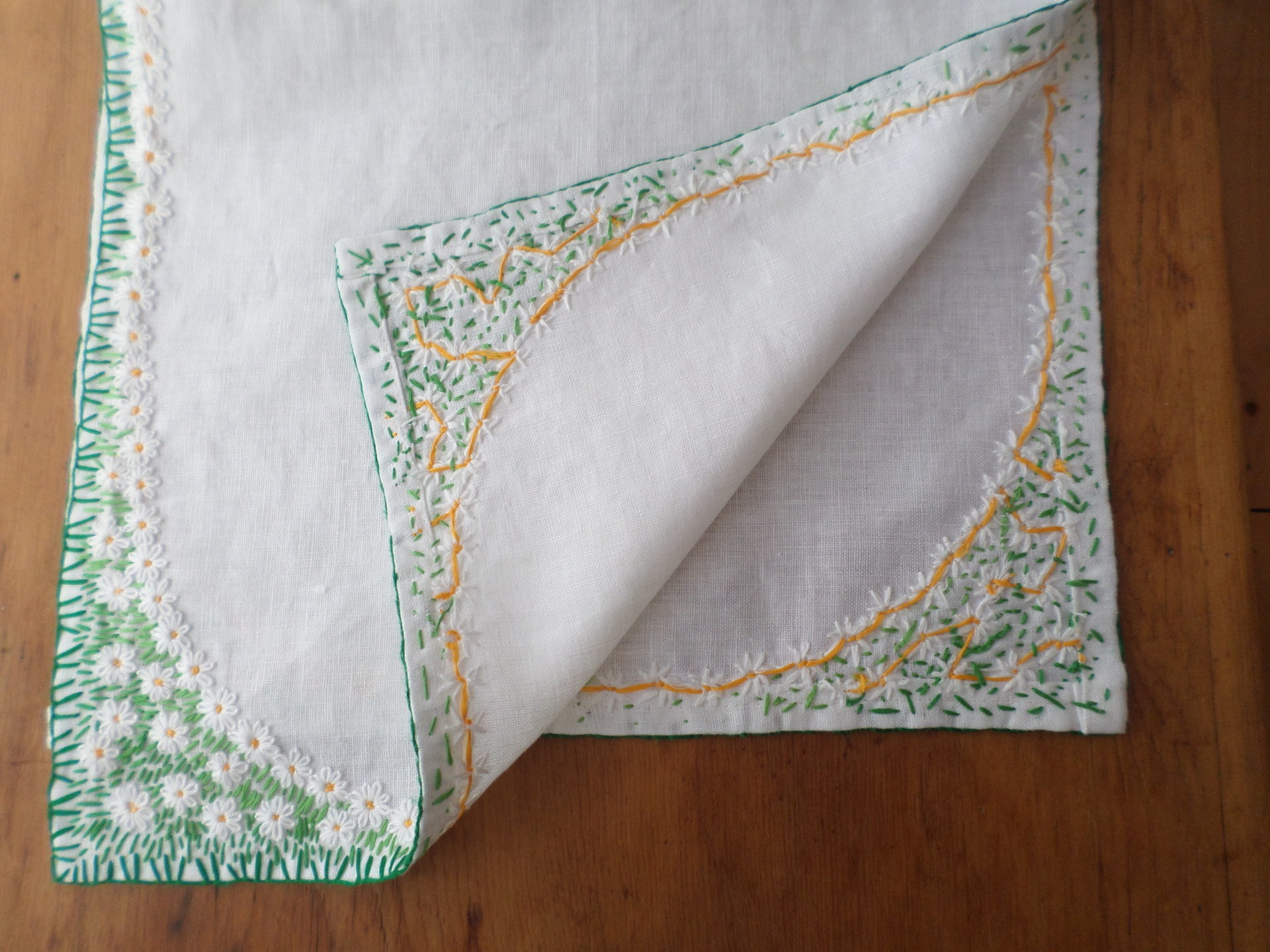 Hand Embroidered Linen Table Runner, Daisies