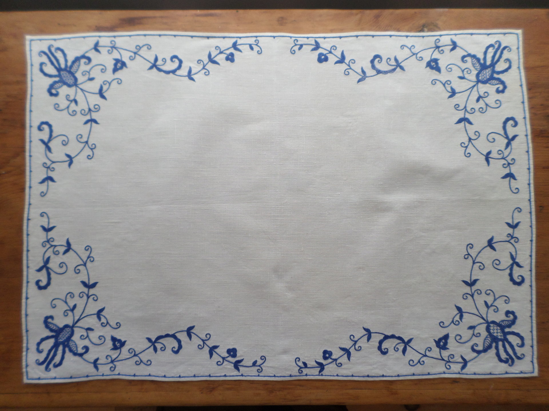 Vintage Hand Embroidered Bluework Tablecloth