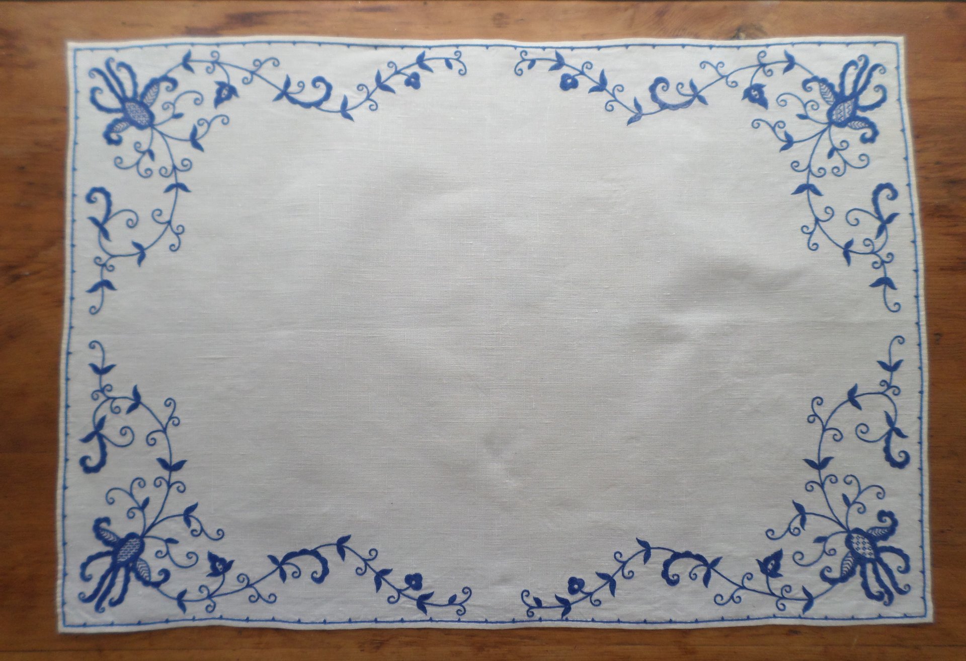 Vintage Hand Embroidered Bluework Tablecloth