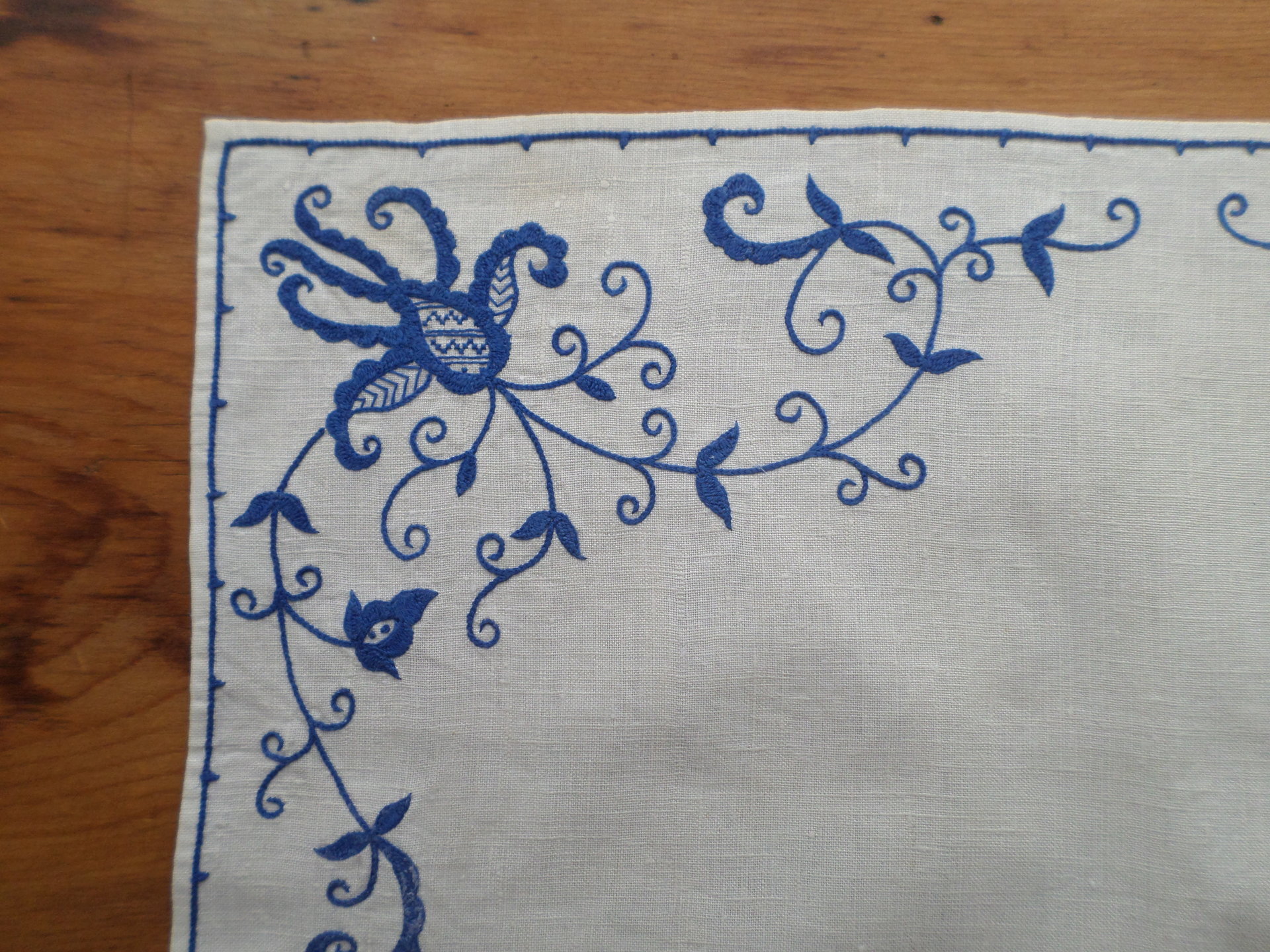 Vintage Hand Embroidered Bluework Tablecloth