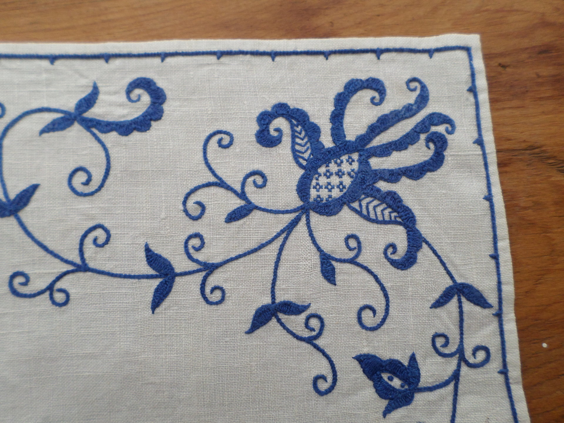 Vintage Hand Embroidered Bluework Tablecloth