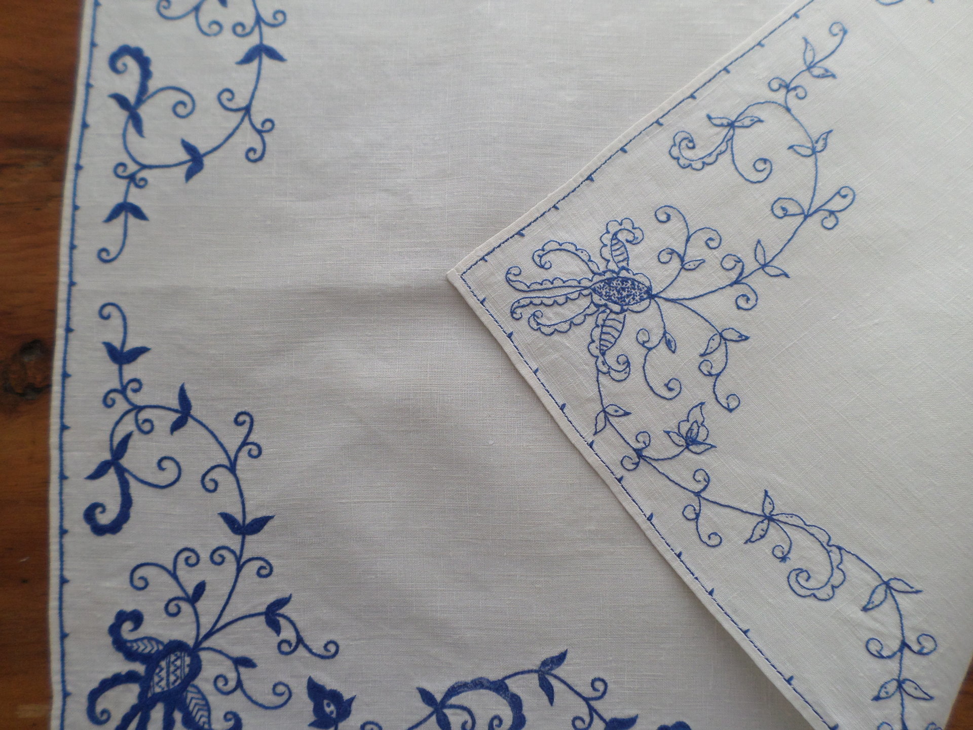 Vintage Hand Embroidered Bluework Tablecloth