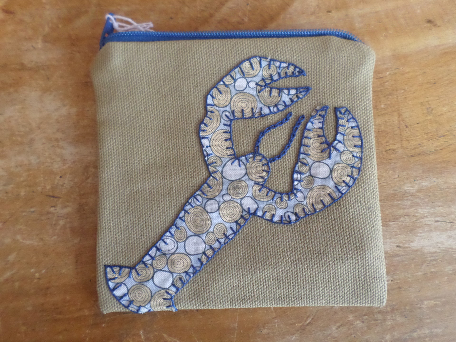 Maine Lobster Zip Bag, Hand Embroidered Coin Purse