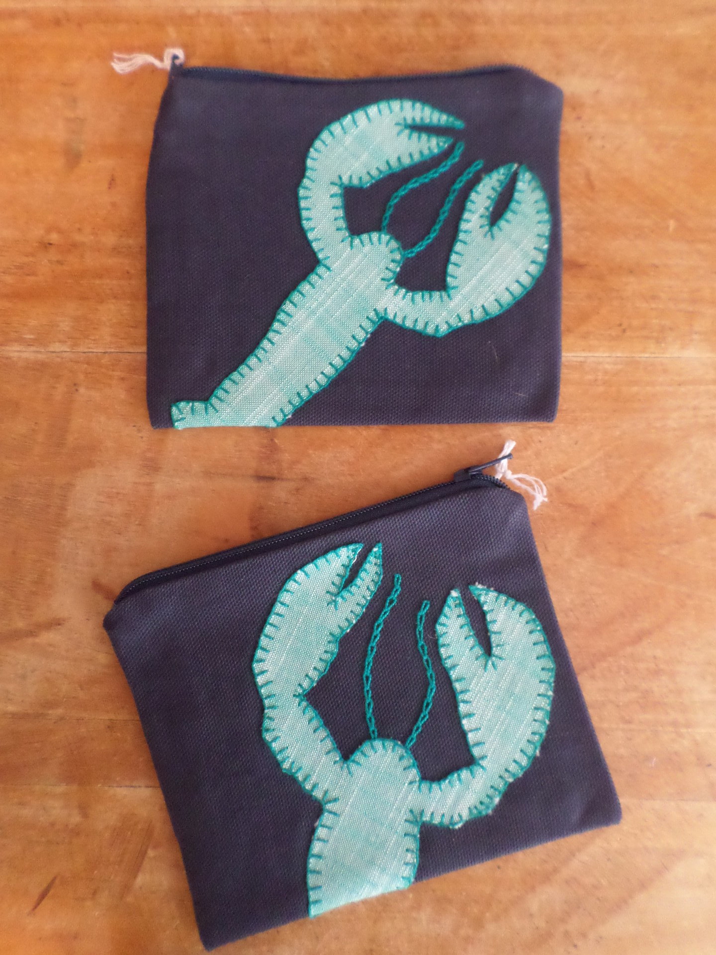 Green Lobster or Whale Zipper Bag, Hand Embroidered