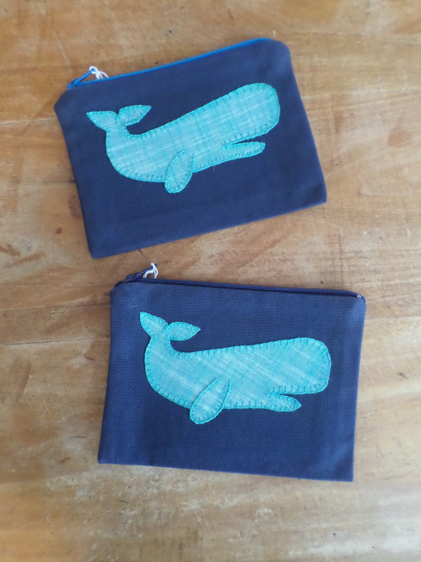 Green Lobster or Whale Zipper Bag, Hand Embroidered