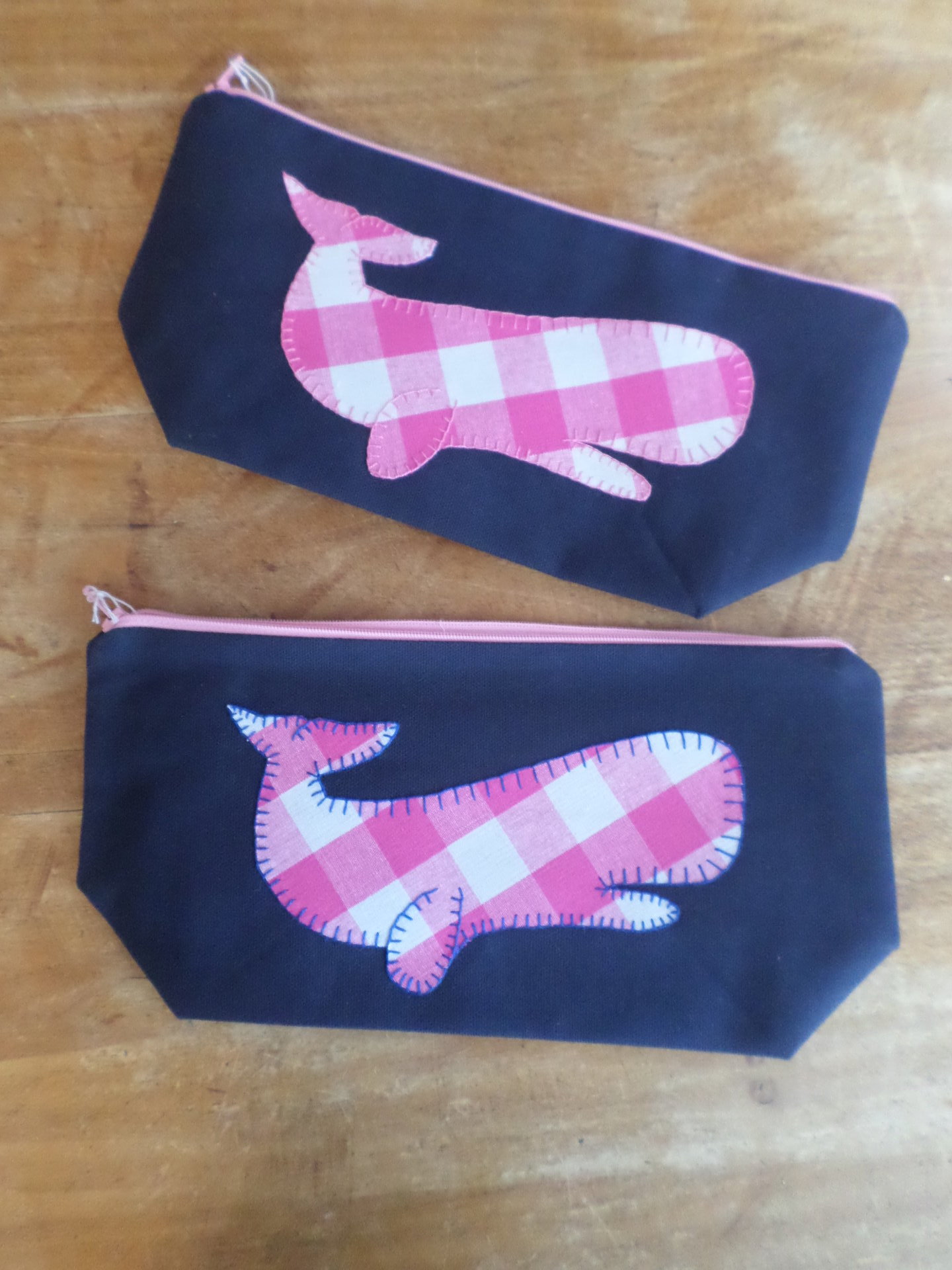 Pink Gingham Whale Hand Embroidered Zipper Clutch Bag