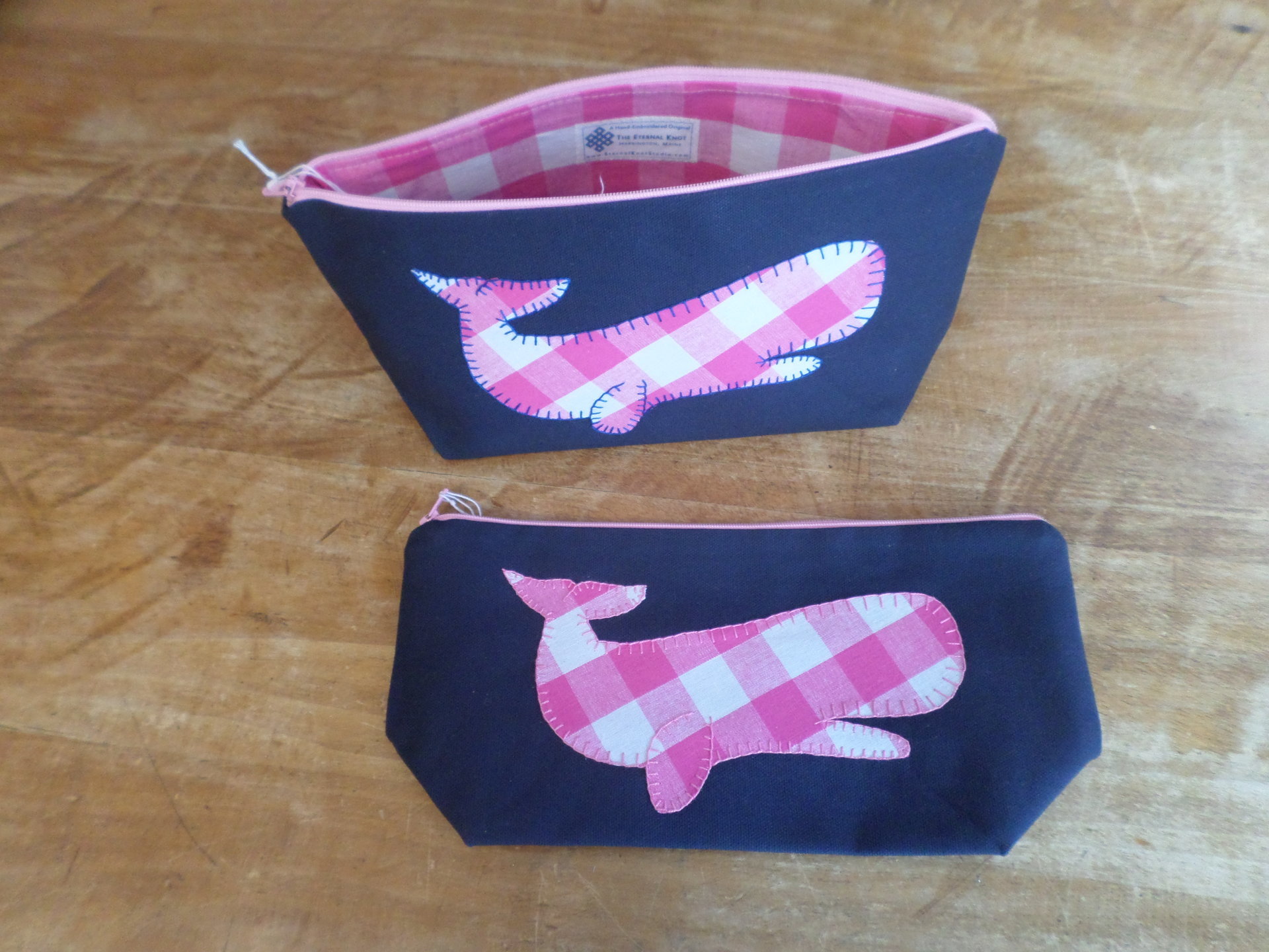 Pink Gingham Whale Hand Embroidered Zipper Clutch Bag