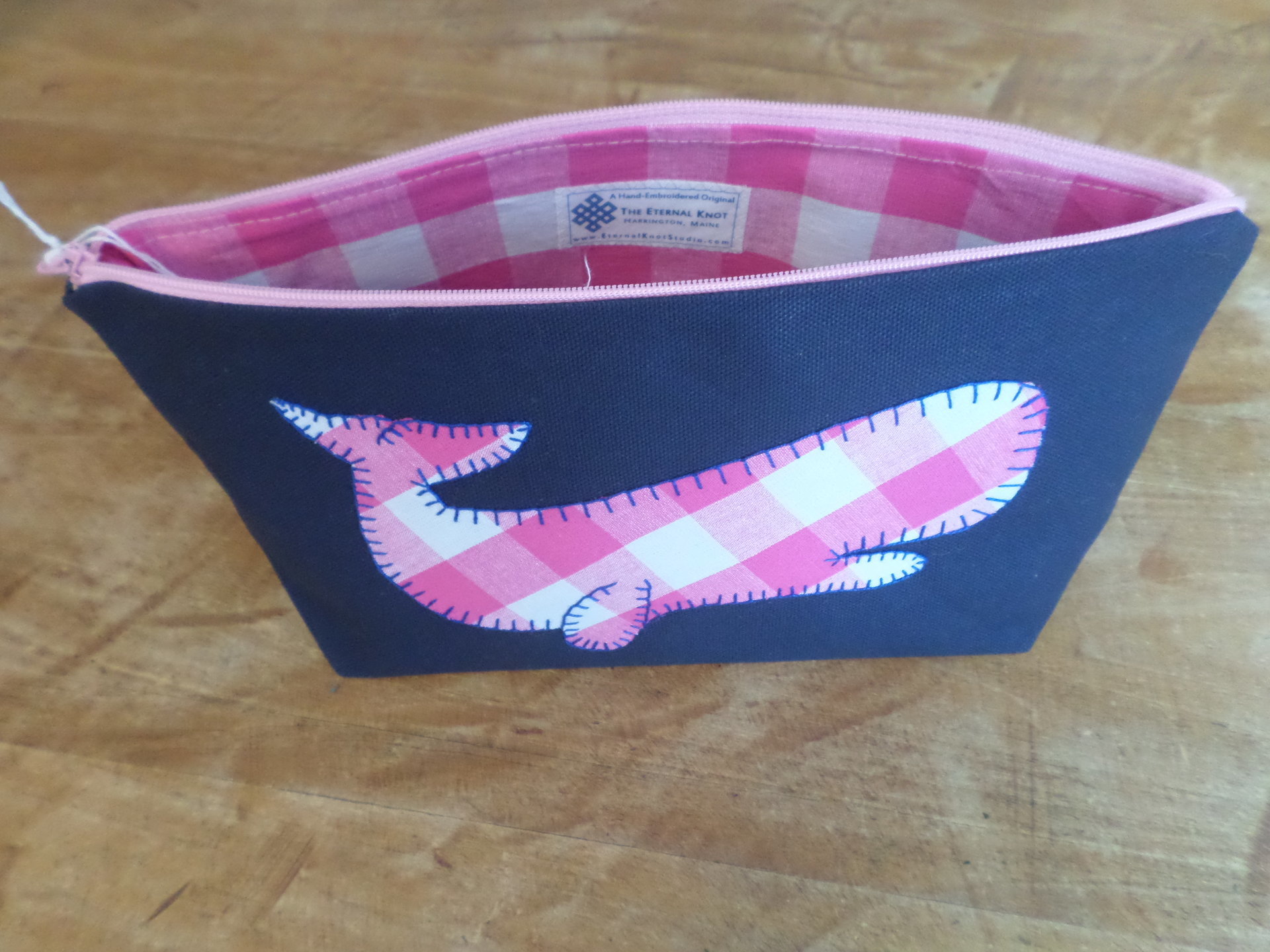 Pink Gingham Whale Hand Embroidered Zipper Clutch Bag