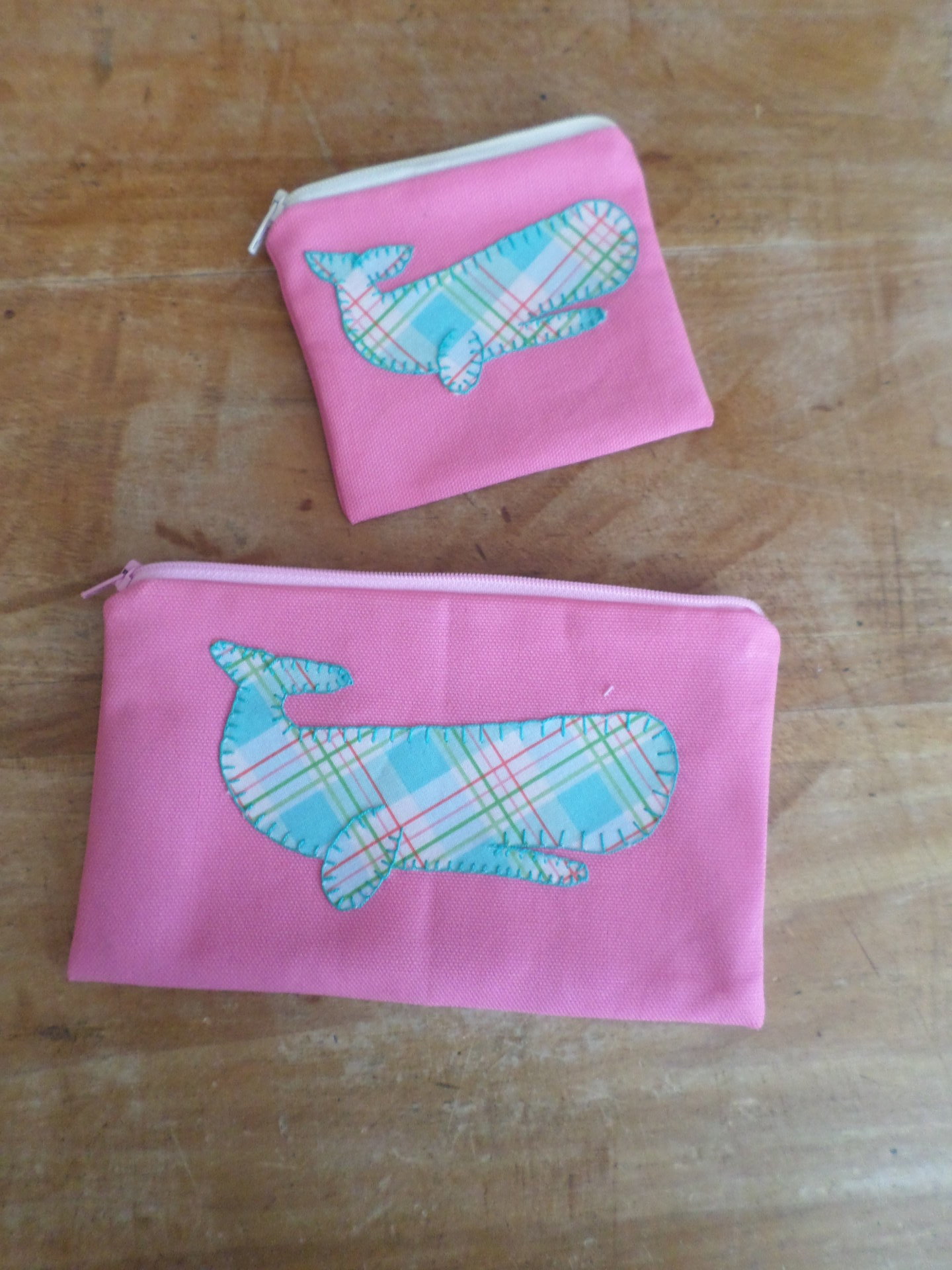 Pink Whale Hand Embroidered Coin Purse, Small Zipper Clutch Bag