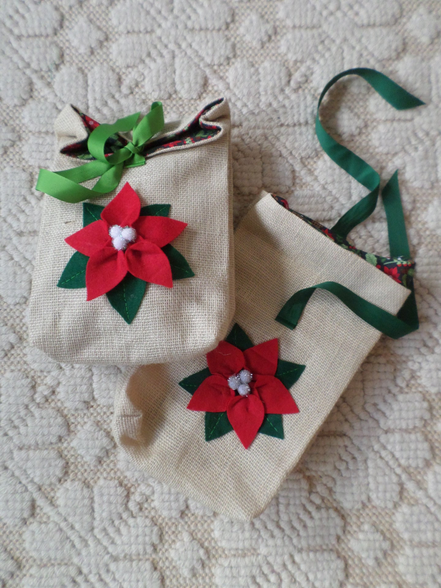 Poinsettia Re-useable Holiday Gift Bag, Hand Embroidered