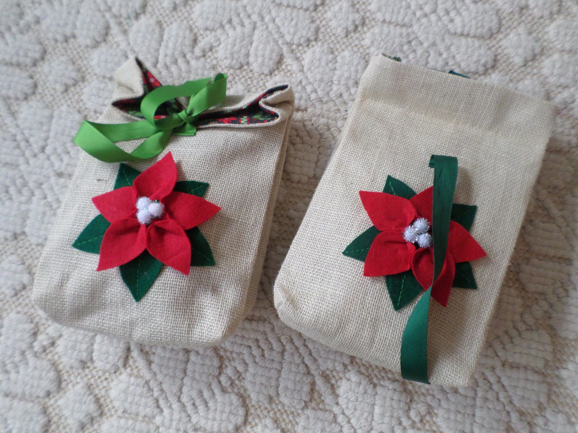 Poinsettia Re-useable Holiday Gift Bag, Hand Embroidered