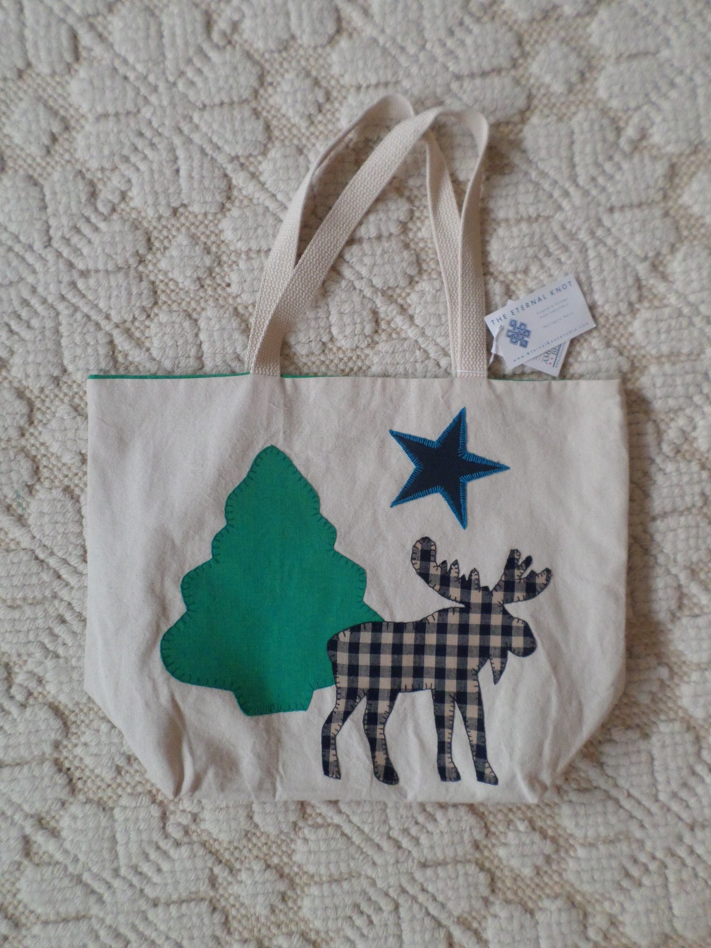 Maine Pine Tree & Moose Hand Embroidered Canvas Tote Bag - MEDIUM