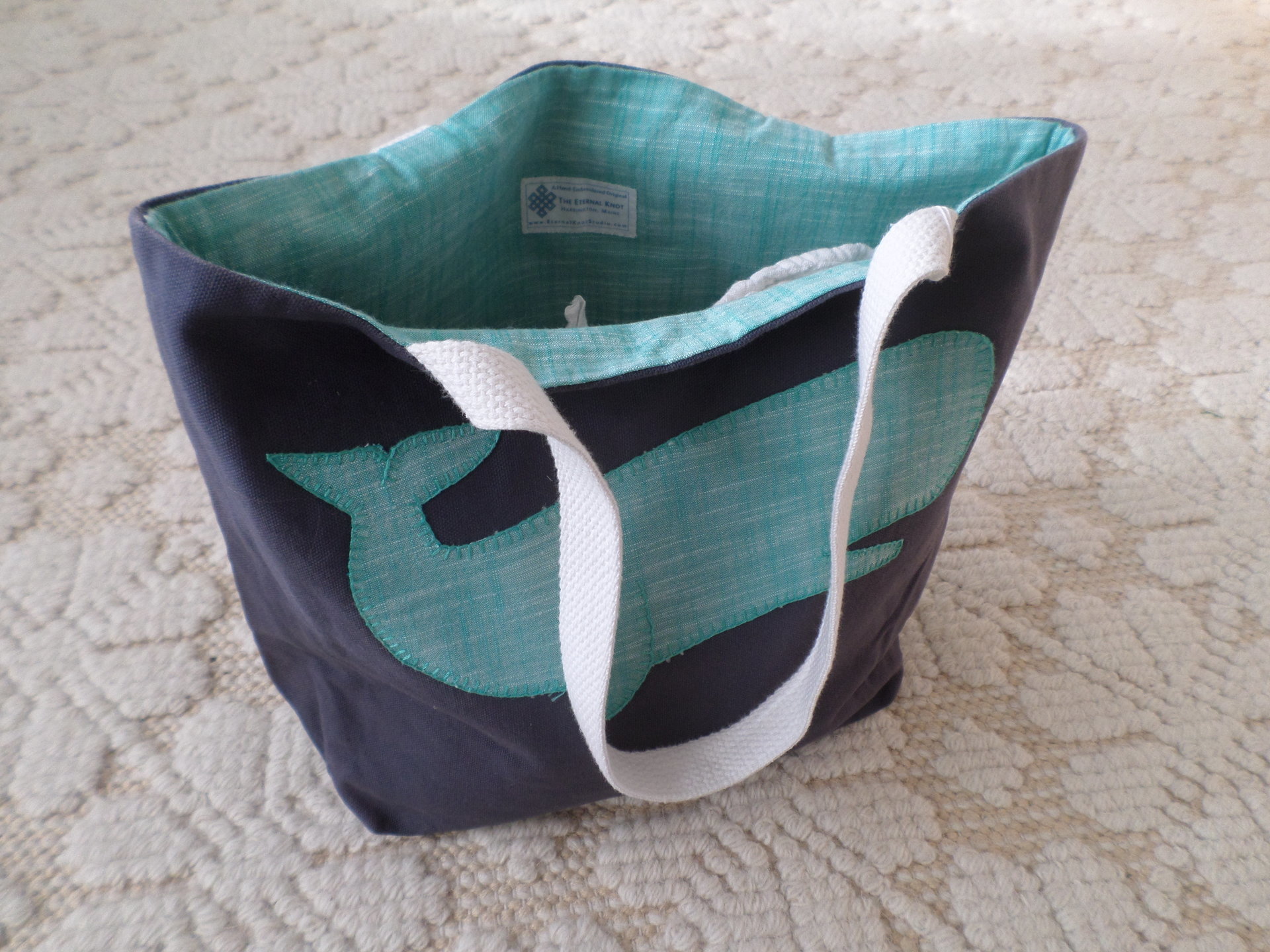 Turquioise Whale Hand Embroidered Tote Bag, SMALL 
