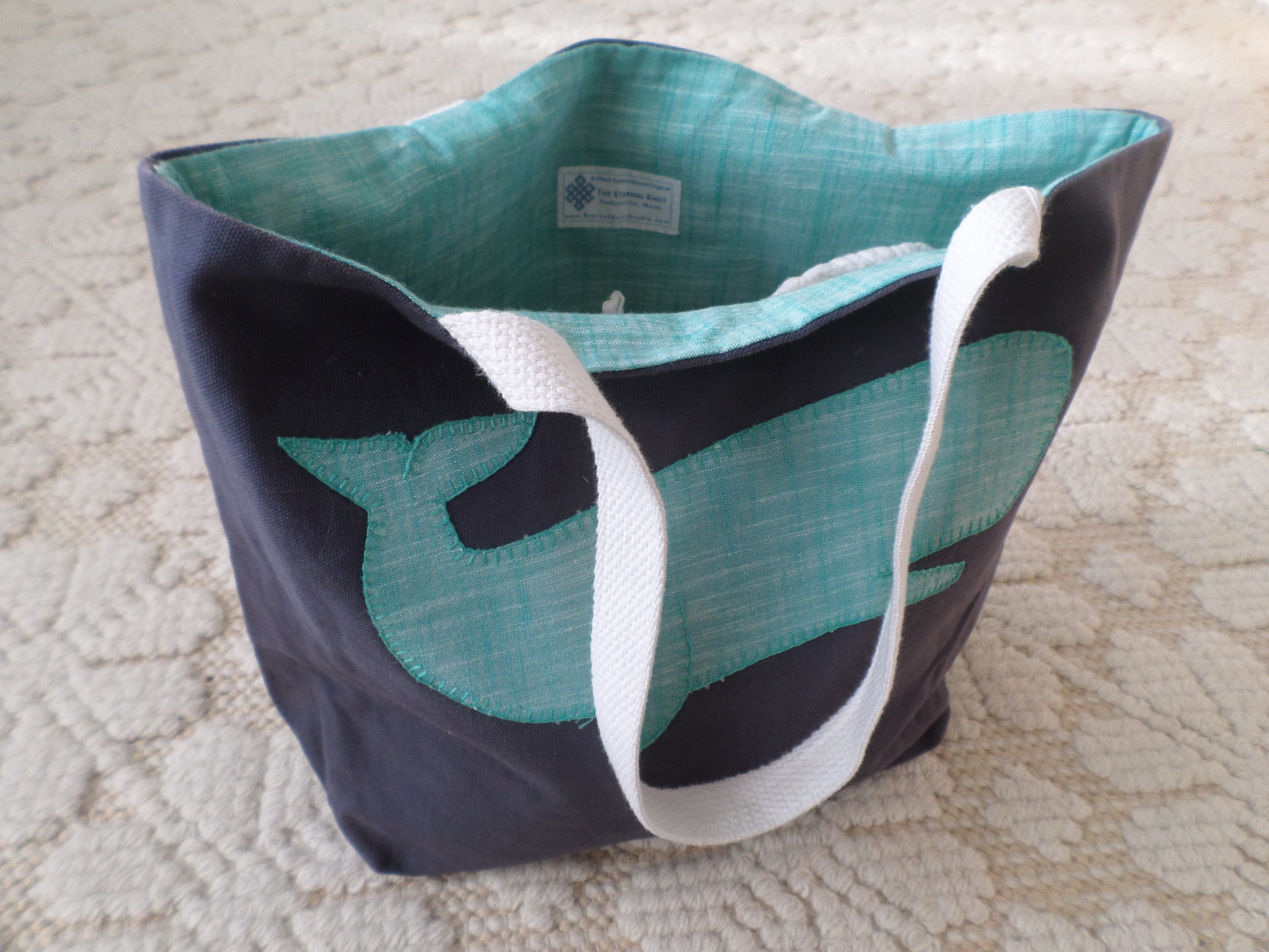 Turquioise Whale Hand Embroidered Tote Bag, SMALL 