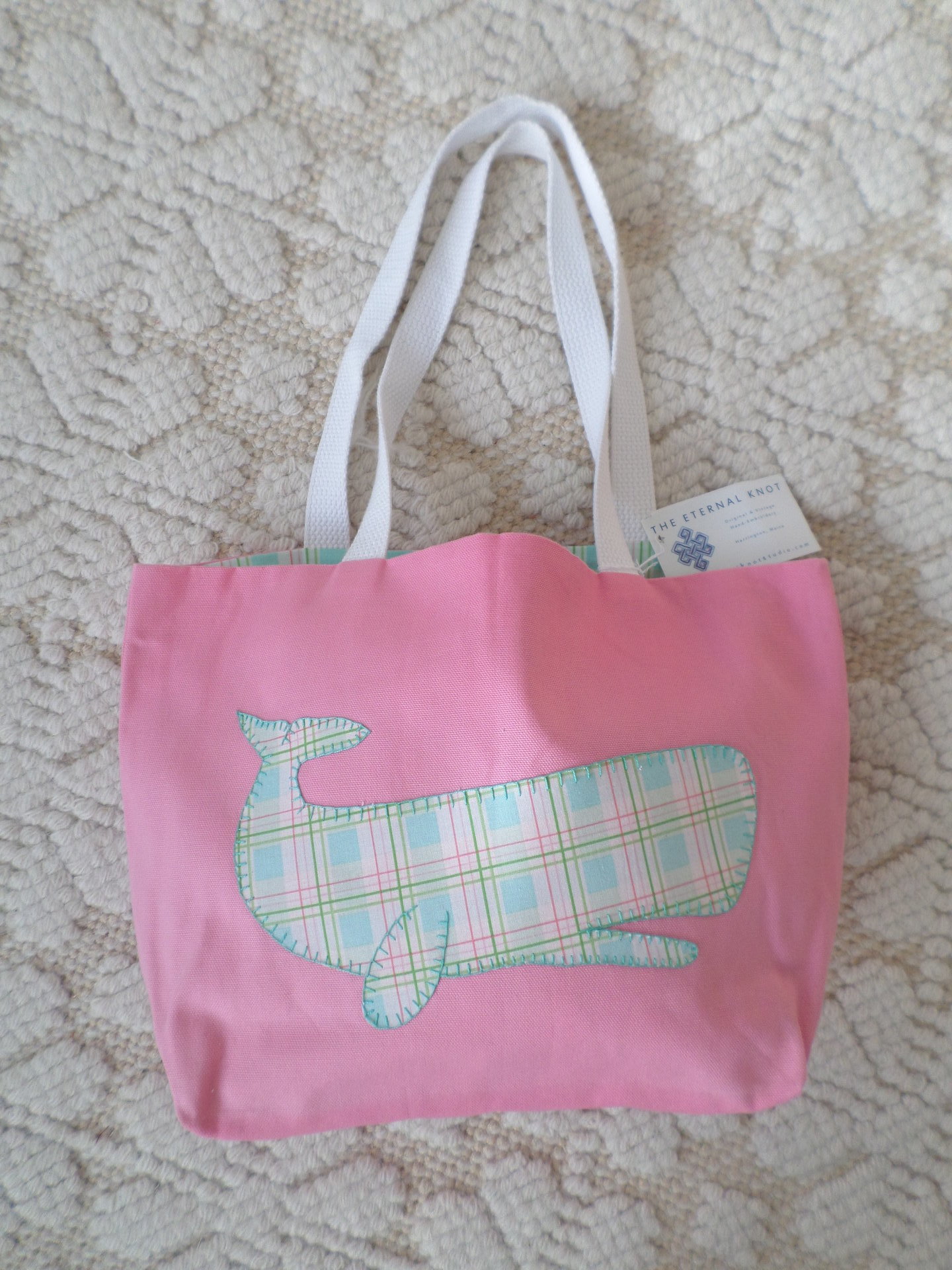 Pink Whale Hand Embroidered Tote Bag, SMALL NQP