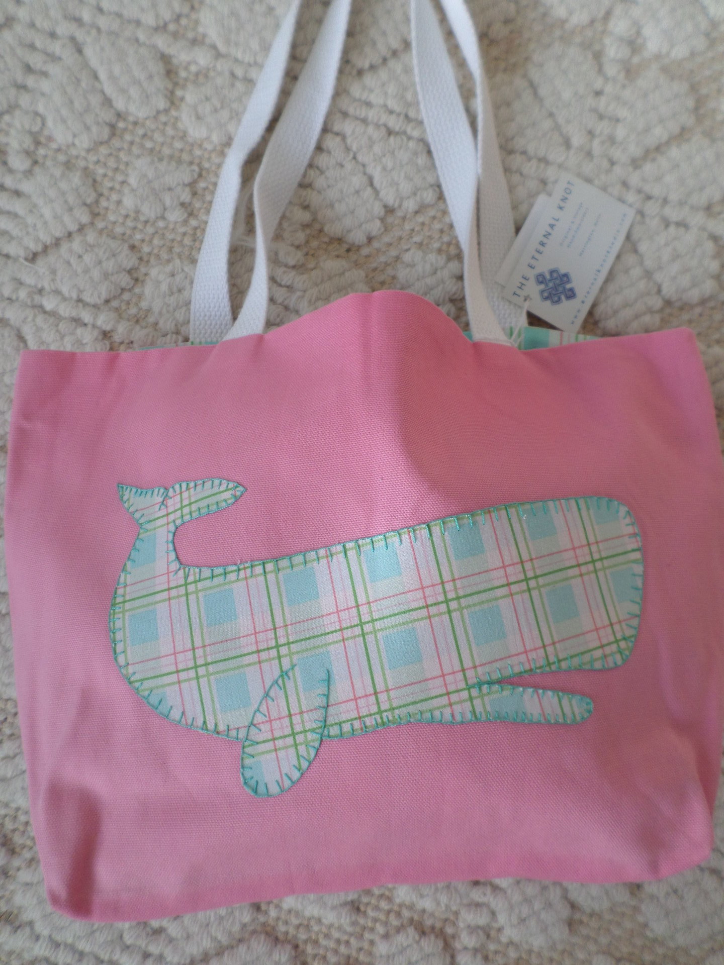 Pink Whale Hand Embroidered Tote Bag, SMALL NQP
