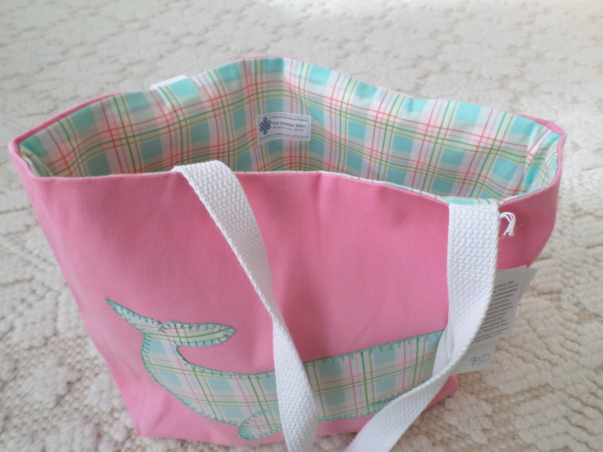 Pink Whale Hand Embroidered Tote Bag, SMALL NQP