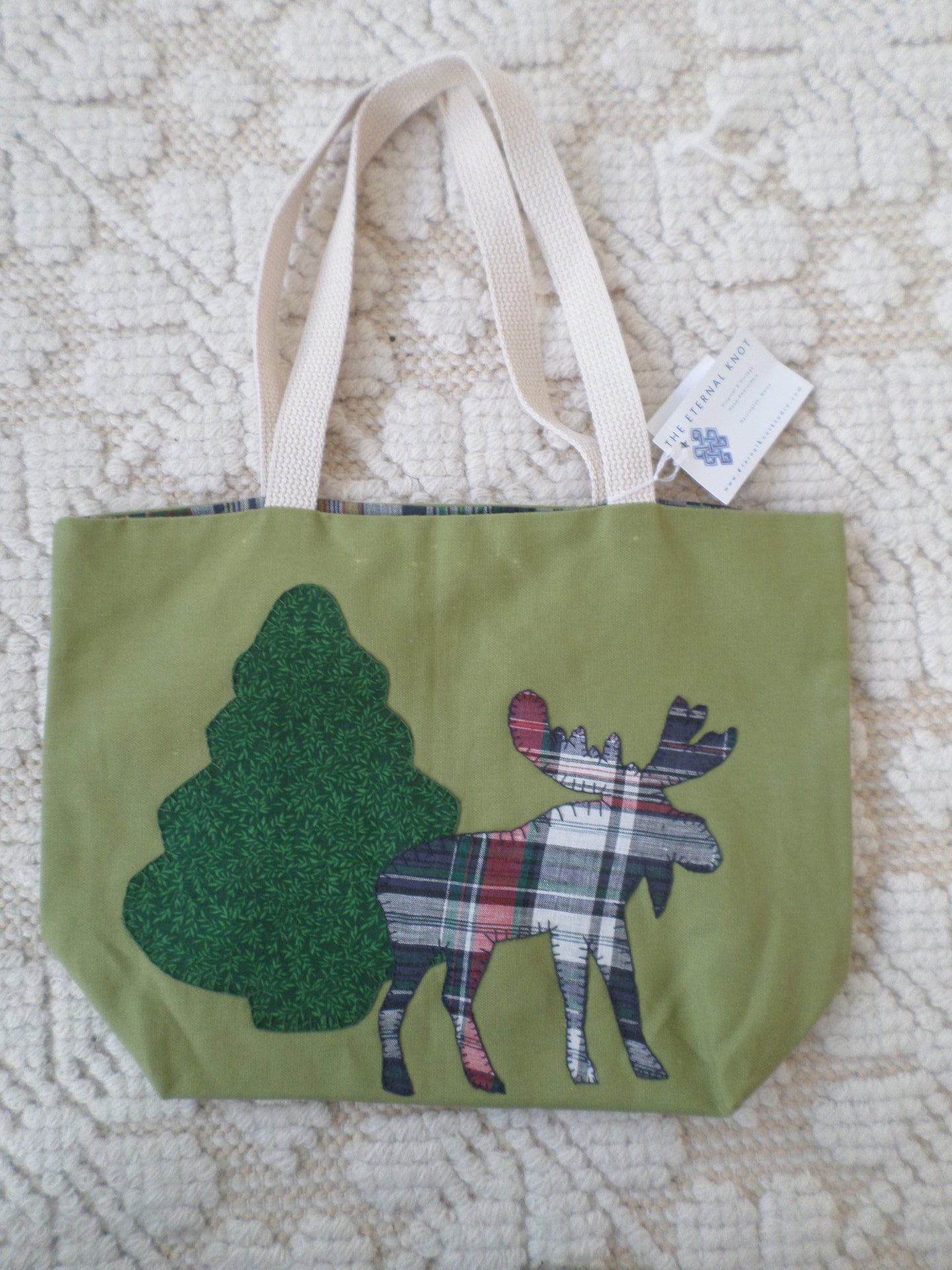 Maine Pine Tree & Moose Hand Embroidered Tote Bag, SMALL NQP