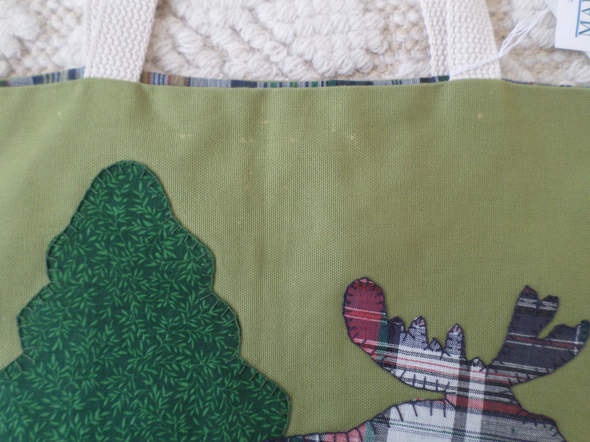 Maine Pine Tree & Moose Hand Embroidered Tote Bag, SMALL NQP