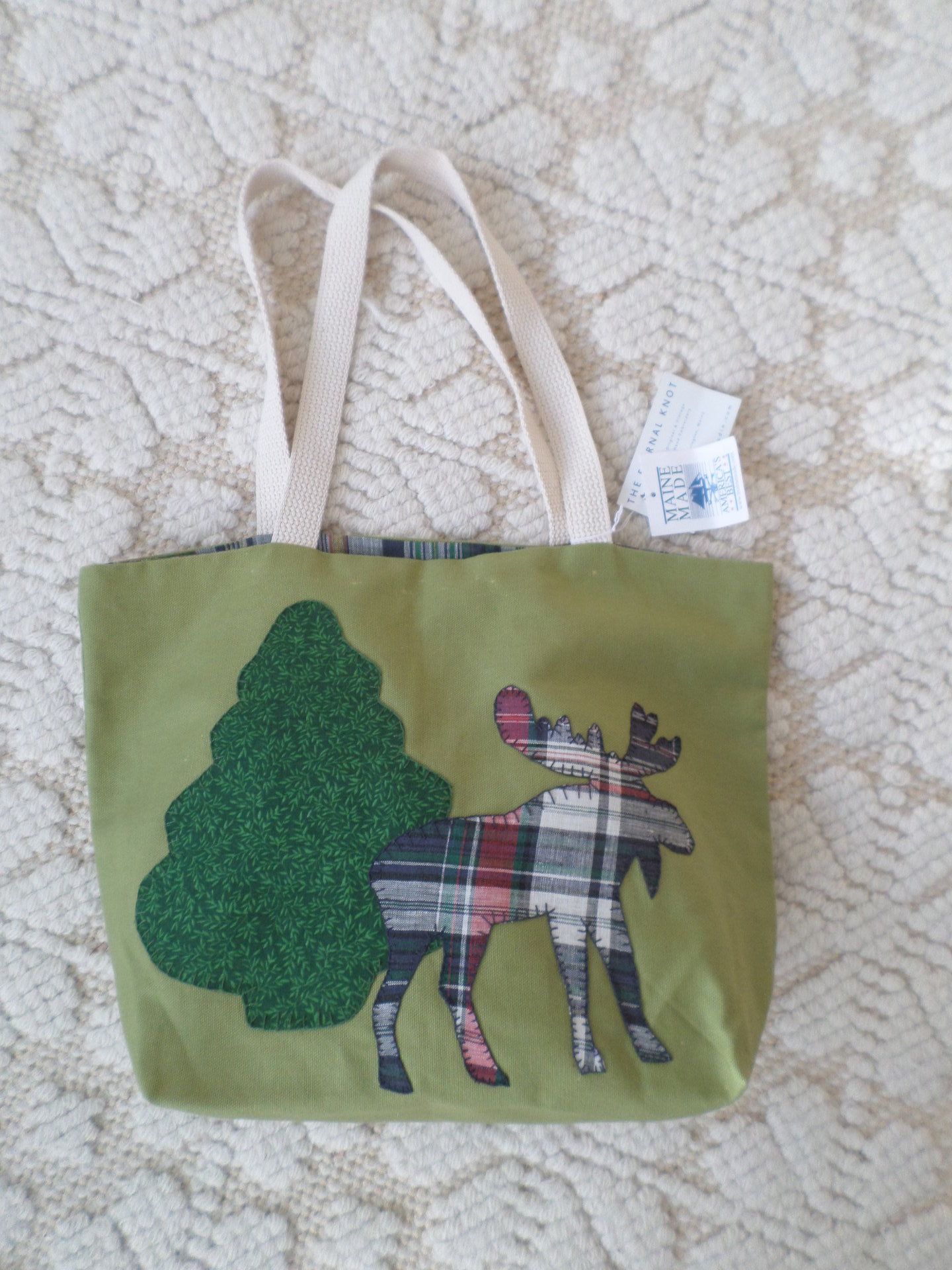 Maine Pine Tree & Moose Hand Embroidered Tote Bag, SMALL NQP