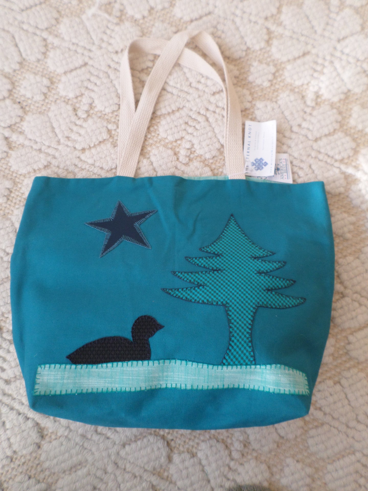 Maine Pine Tree & Loon Hand Embroidered Canvas Tote Bag - MEDIUM