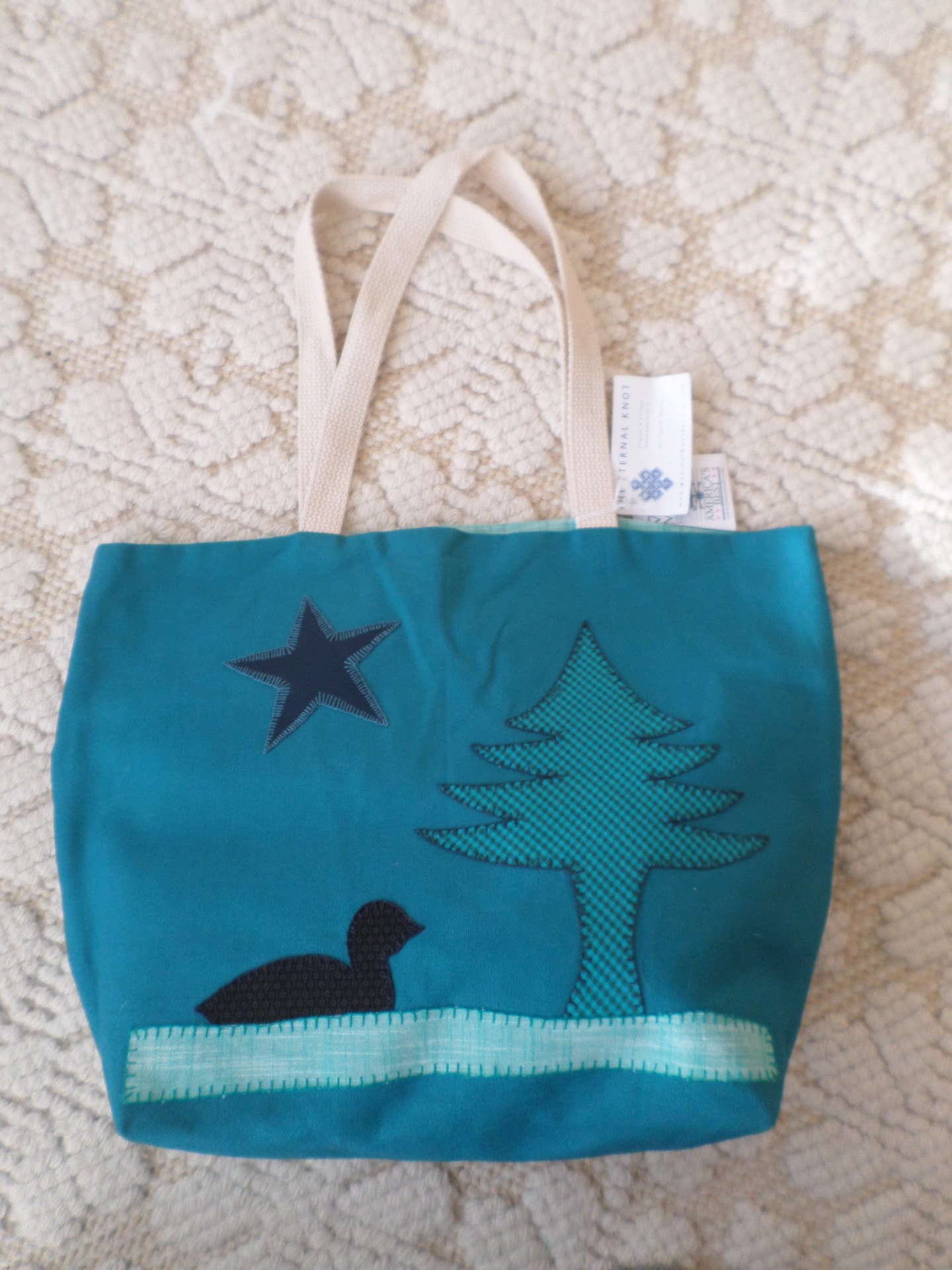 Maine Pine Tree & Loon Hand Embroidered Canvas Tote Bag - MEDIUM