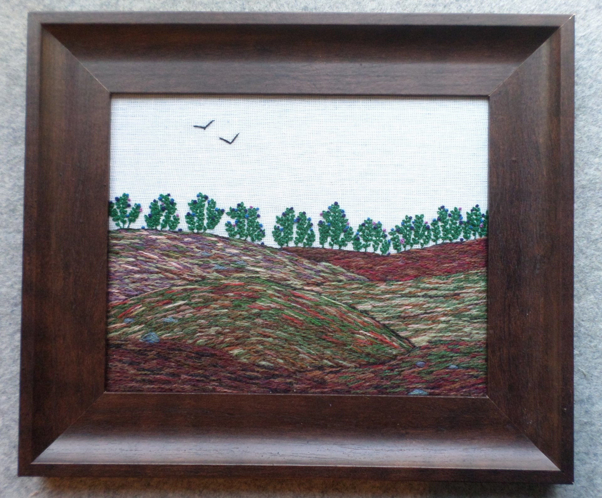 Wild Maine Blueberry Barren Hand-Embroidered Crewel Wall Art