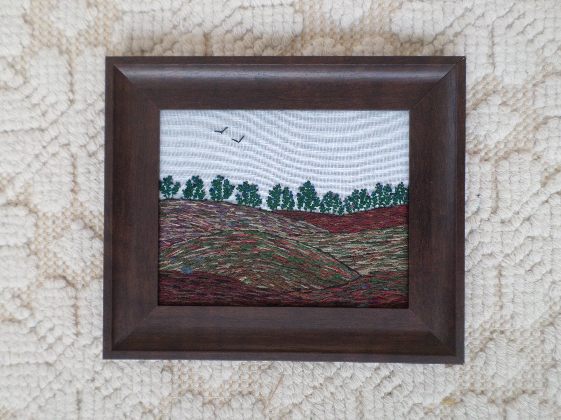 Wild Maine Blueberry Barren Hand-Embroidered Crewel Wall Art