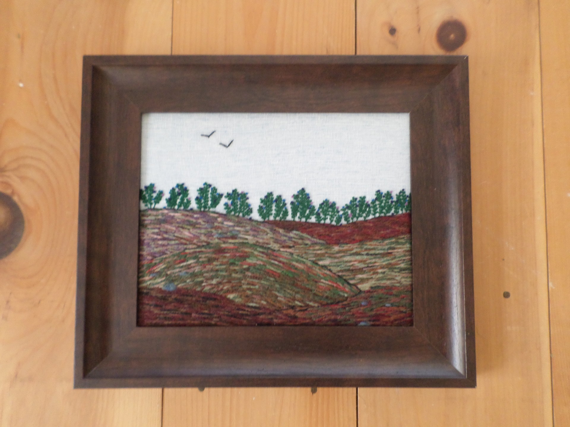 Wild Maine Blueberry Barren Hand-Embroidered Crewel Wall Art