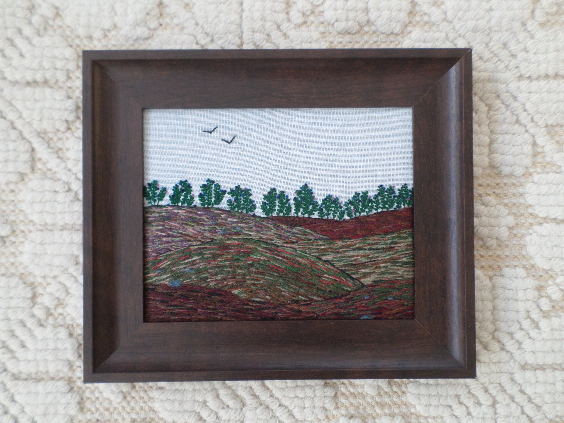 Wild Maine Blueberry Barren Hand-Embroidered Crewel Wall Art