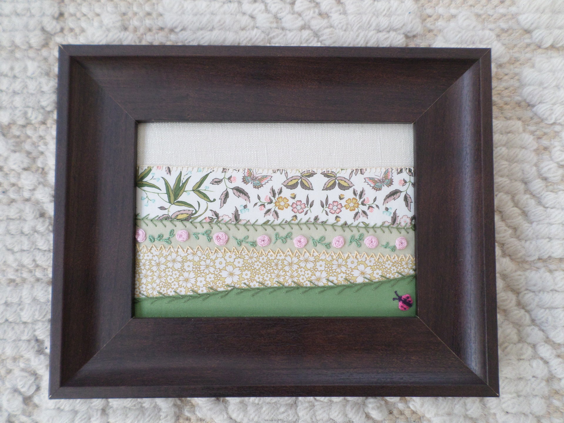 8" x 10" Pink Roses Maine Hand Embroidered Landscape 