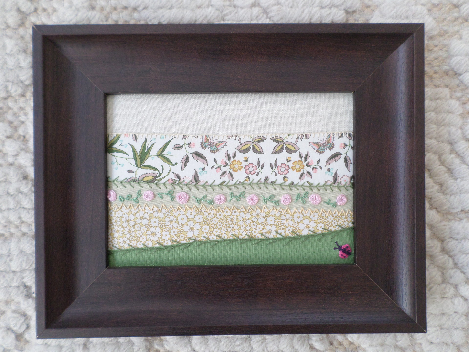 8" x 10" Pink Roses Maine Hand Embroidered Landscape 