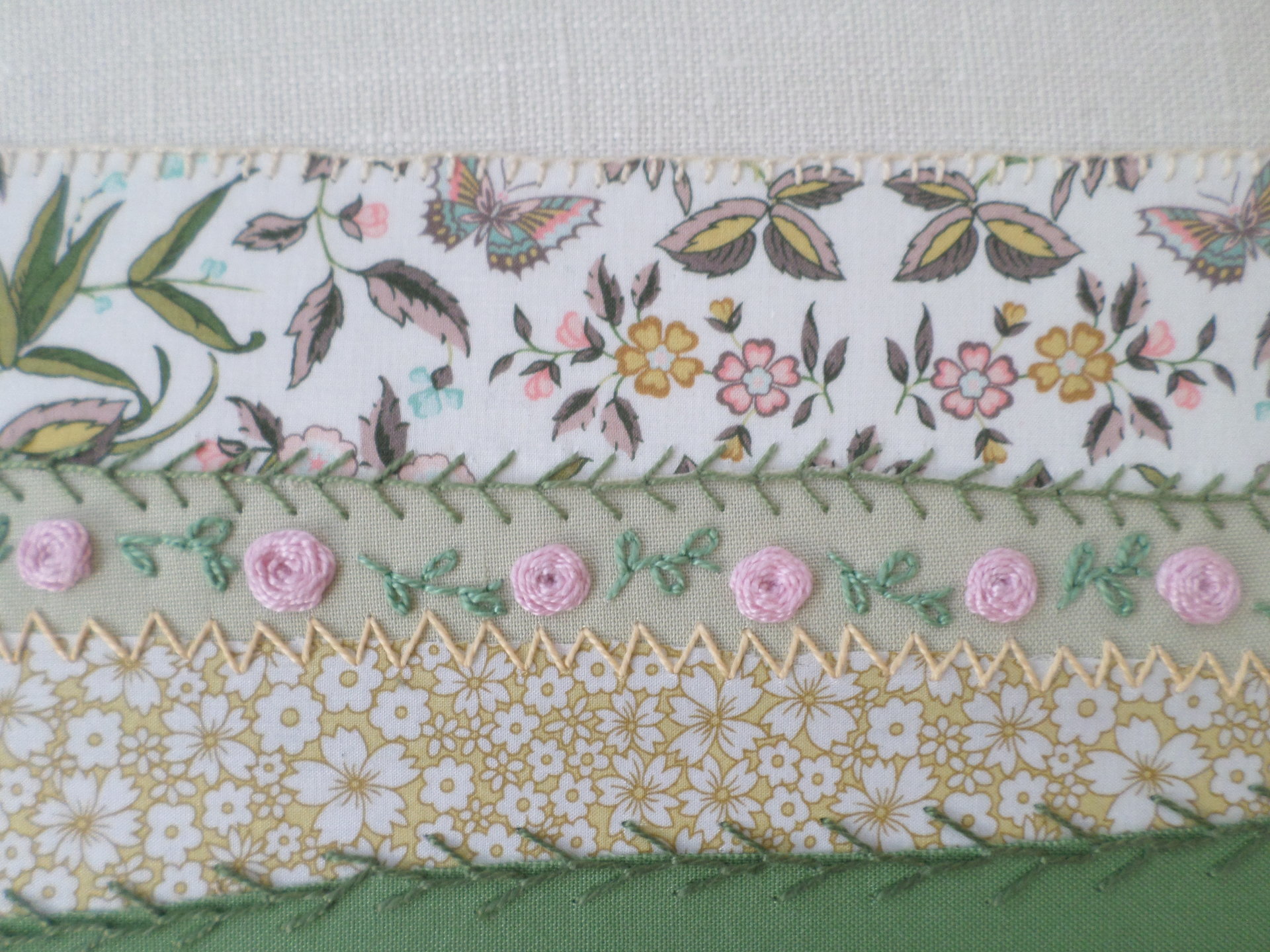 8" x 10" Pink Roses Maine Hand Embroidered Landscape 